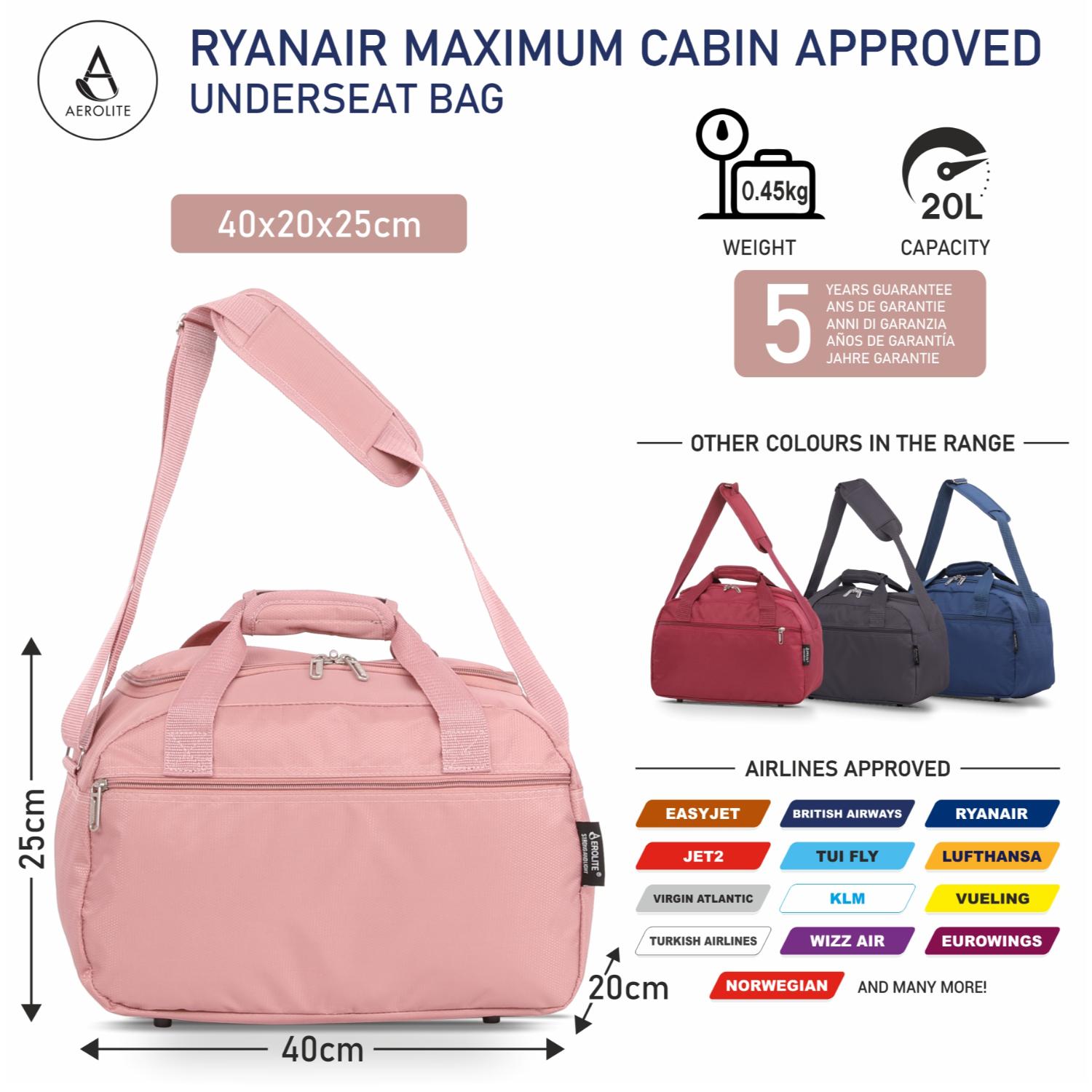 Aerolite (40x20x25cm) Ryanair Maximum Size Hand Luggage New & Improved 2025 Under Seat Holdall Bag