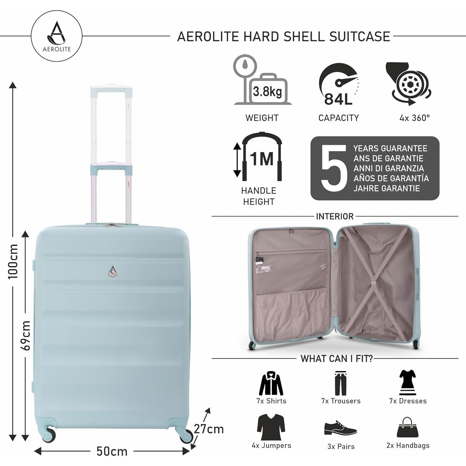 Aerolite 25" Large (69x50x27cm) Lightweight Hard Shell Luggage Suitcase, Lightweight & Strong with 4 Wheels, 5 Years Guarantee