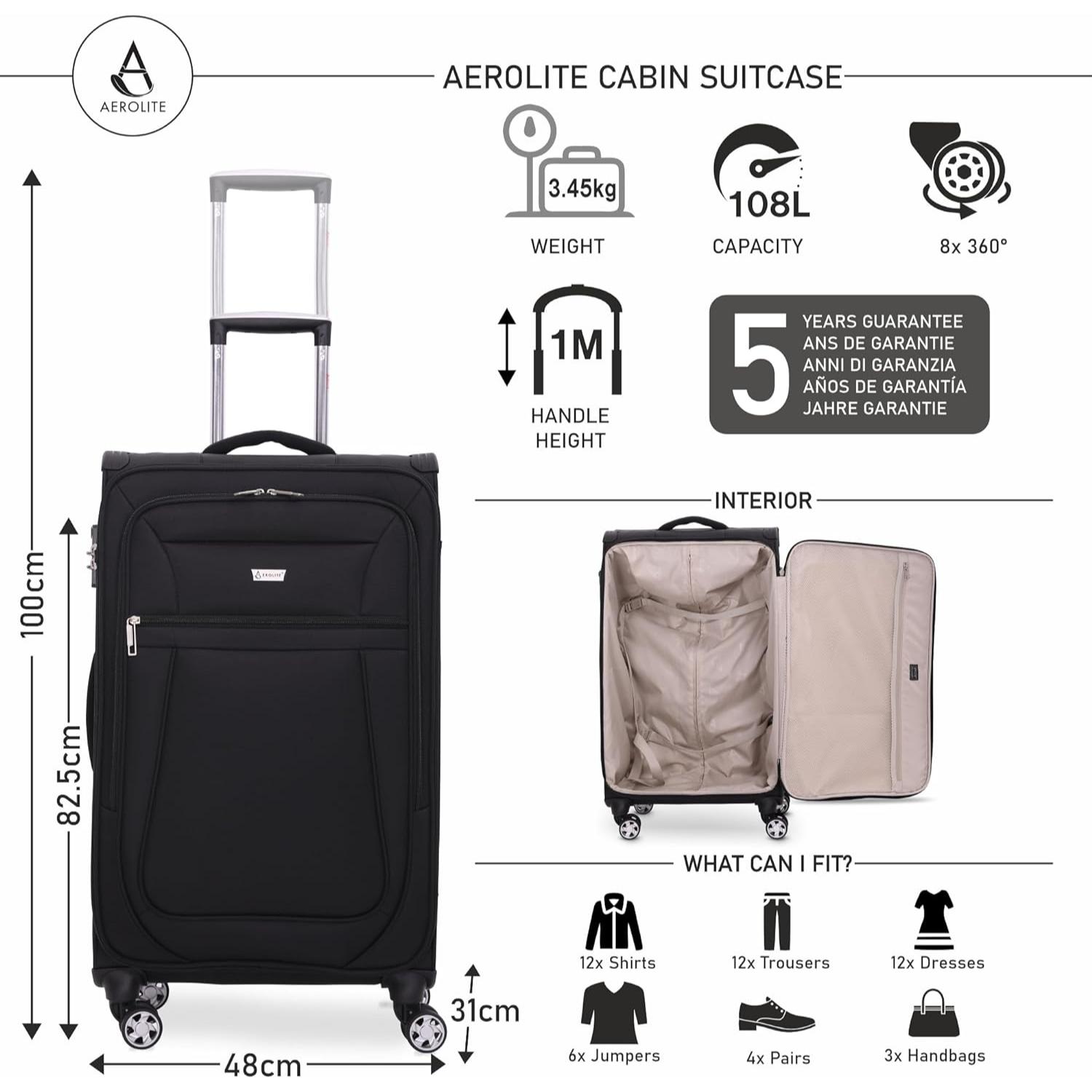 Aerolite Reinforced Super Strong and Light 4 Wheel Lightweight Cabin & Hold Luggage Suitcase, Approved for Ryanair easyJet British Airways & More, 10 Year Guarantee
