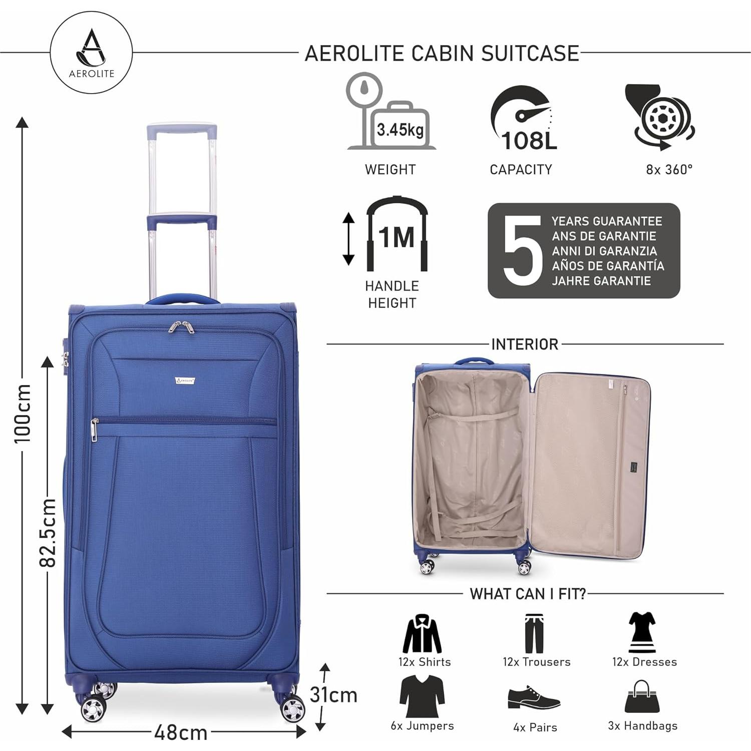 Aerolite Reinforced Super Strong and Light 4 Wheel Lightweight Cabin & Hold Luggage Suitcase, Approved for Ryanair easyJet British Airways & More, 10 Year Guarantee