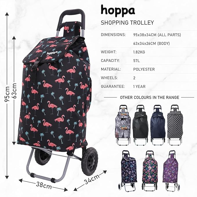 Hoppa 57Ltr Lightweight Shopping Trolley 2025 model, Hard Wearing & Foldaway Push/Pull Cart for Easy Storage With 1 Year Guarantee