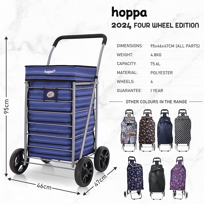 Hoppa Lightweight 4-Wheel Premium 2025 Model Folding Shopping Trolley Extra Large 75.6L Capacity Shopping Trolley Bag, 95cm, 4.8kg, Push/Pull