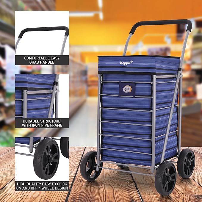 Hoppa Lightweight 4-Wheel Premium 2025 Model Folding Shopping Trolley Extra Large 75.6L Capacity Shopping Trolley Bag, 95cm, 4.8kg, Push/Pull