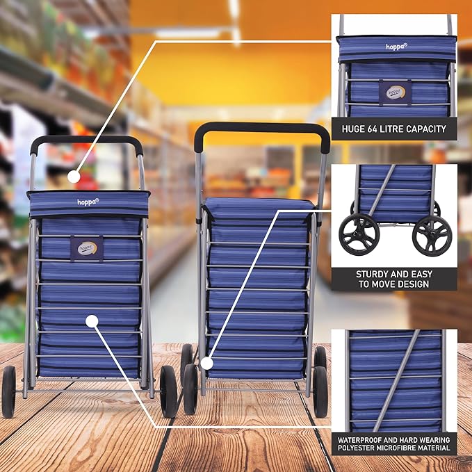 Hoppa Lightweight 4-Wheel Premium 2025 Model Folding Shopping Trolley Extra Large 75.6L Capacity Shopping Trolley Bag, 95cm, 4.8kg, Push/Pull
