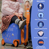 Aerolite MiniMax Childrens Ride-On Suitcase Fits 45x36x20cm EasyJet Maximum Size Kids Hand Luggage With Wheels 29L - Blue