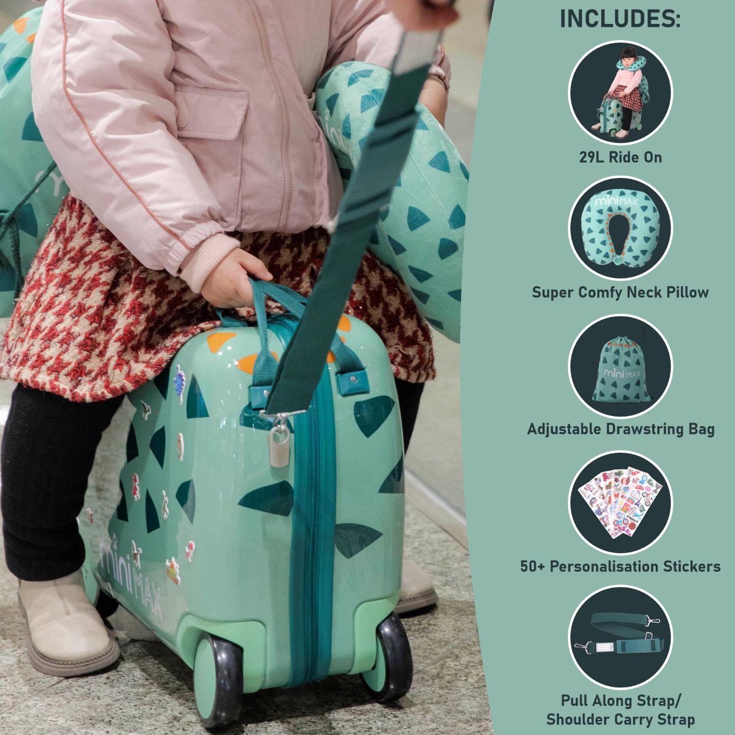 Aerolite MiniMax Childrens Ride-On Suitcase Fits 45x36x20cm EasyJet Maximum Size Kids Hand Luggage With Wheels 29L - Green Dinosaur
