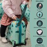 Aerolite MiniMax Childrens Ride-On Suitcase Fits 45x36x20cm EasyJet Maximum Size Kids Hand Luggage With Wheels 29L - Green Dinosaur