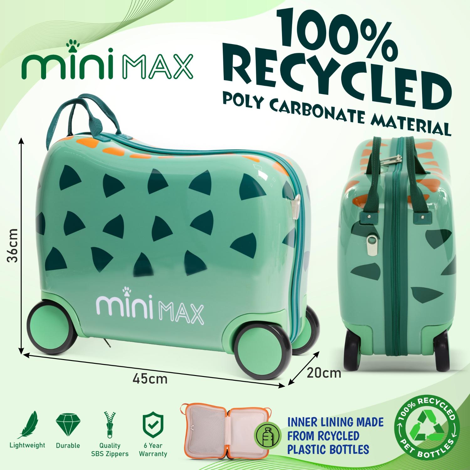 Aerolite MiniMax Childrens Ride-On Suitcase Fits 45x36x20cm EasyJet Maximum Size Kids Hand Luggage With Wheels 29L - Green Dinosaur