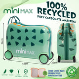 Aerolite MiniMax Childrens Ride-On Suitcase Fits 45x36x20cm EasyJet Maximum Size Kids Hand Luggage With Wheels 29L - Green Dinosaur