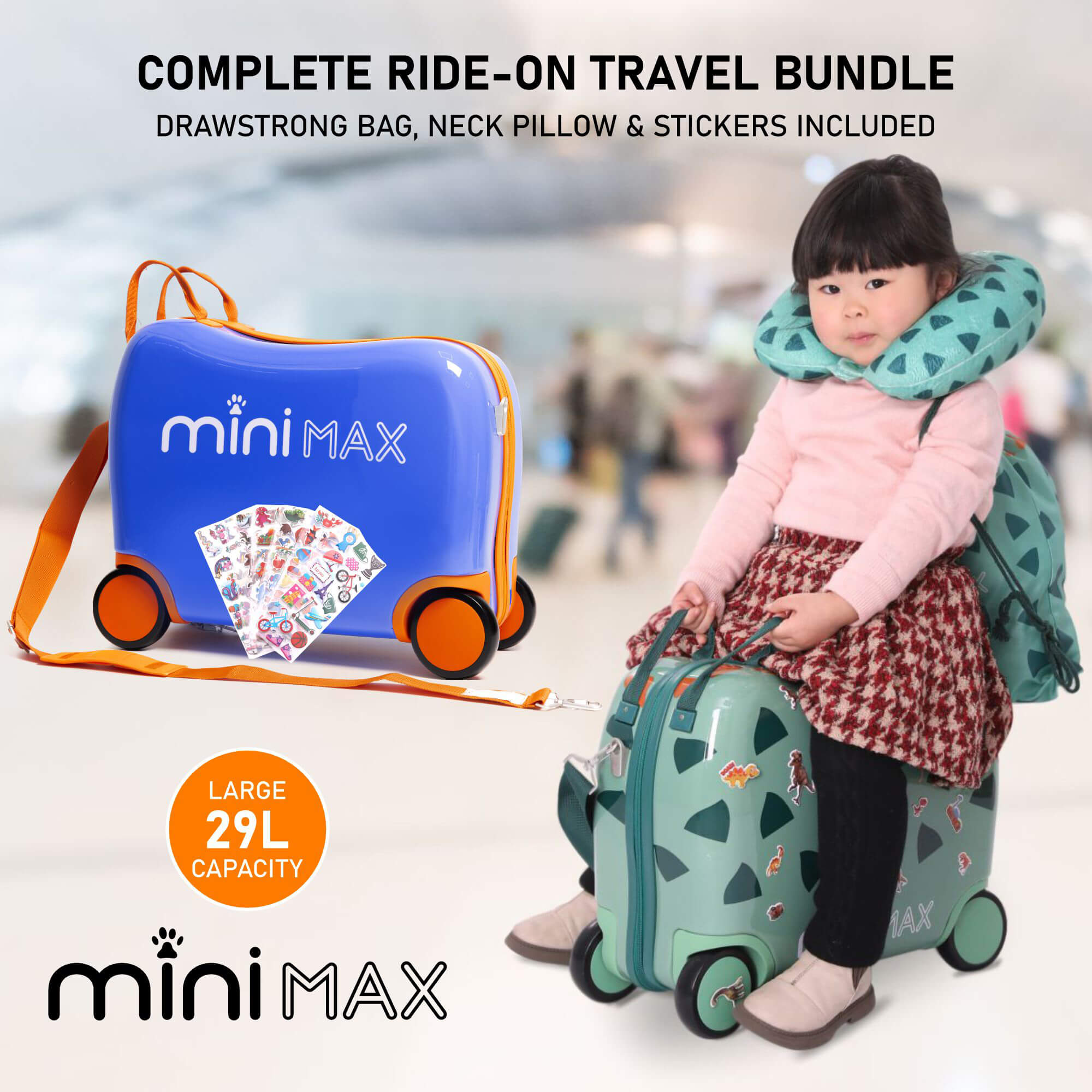 Aerolite MiniMax Childrens Ride-On Suitcase Fits 45x36x20cm EasyJet Maximum Size Kids Hand Luggage With Wheels 29L - Green Dinosaur