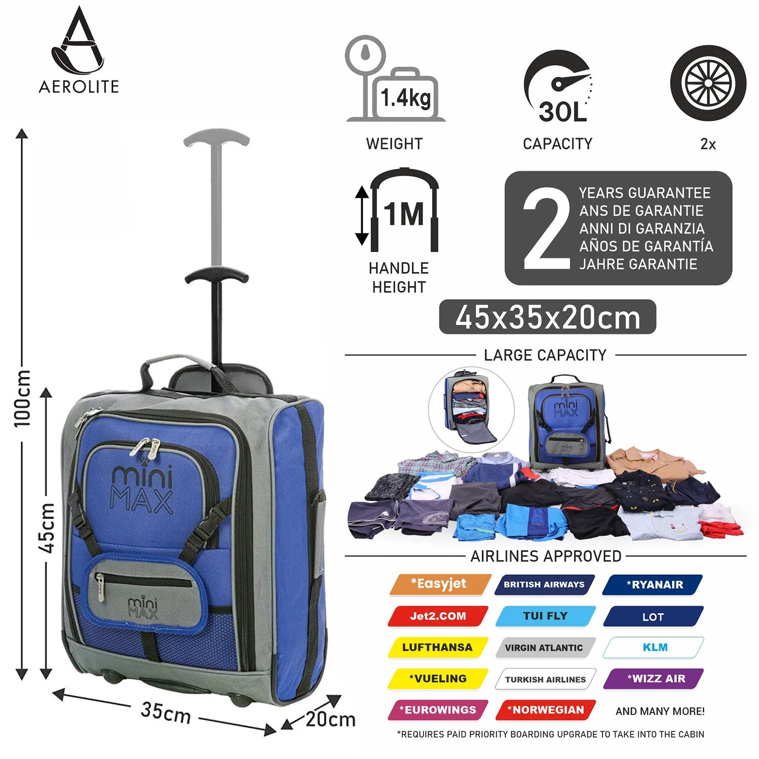 Aerolite MiniMAX (45x36x20cm) Easyjet Maximum Cabin Trolley/Carry On Suitcase with Backpack and Pouch, Pack The Max, 2 Years Warranty