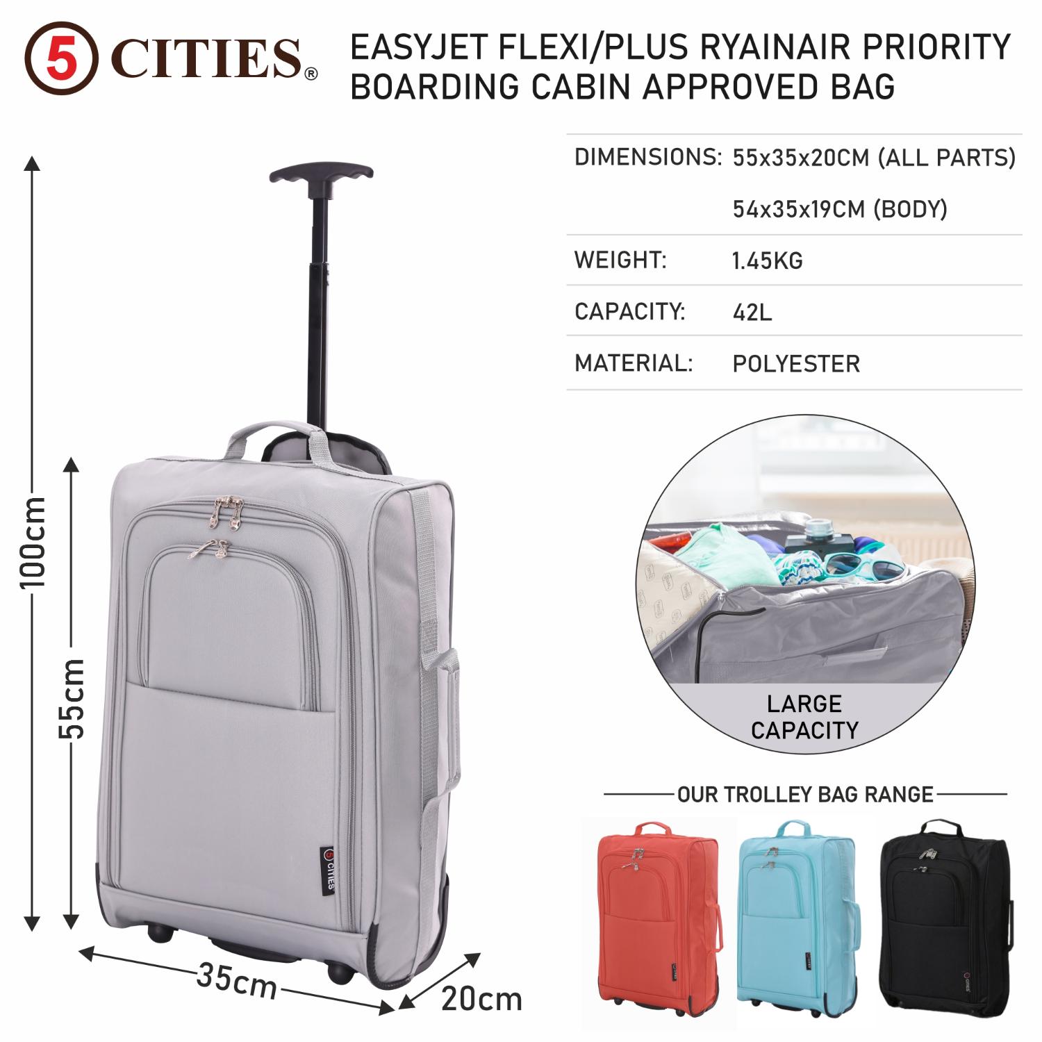 5 Cities 21" (55x35x20cm) Lightweight Cabin Hand Luggage Trolley, Fits Easyjet(Plus/Flexi/Large Cabin), Ryanair (Priority) Cabin Restrictions, 2 Years Of Warranty