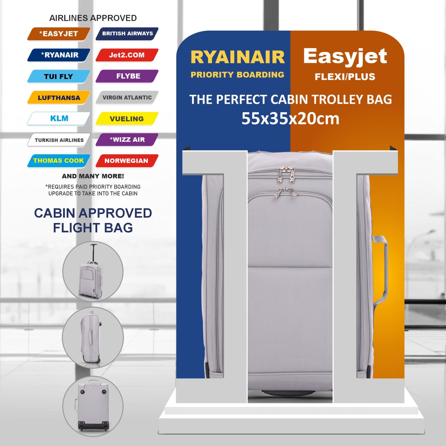 5 Cities 21" (55x35x20cm) Lightweight Cabin Hand Luggage Trolley, Fits Easyjet(Plus/Flexi/Large Cabin), Ryanair (Priority) Cabin Restrictions, 2 Years Of Warranty