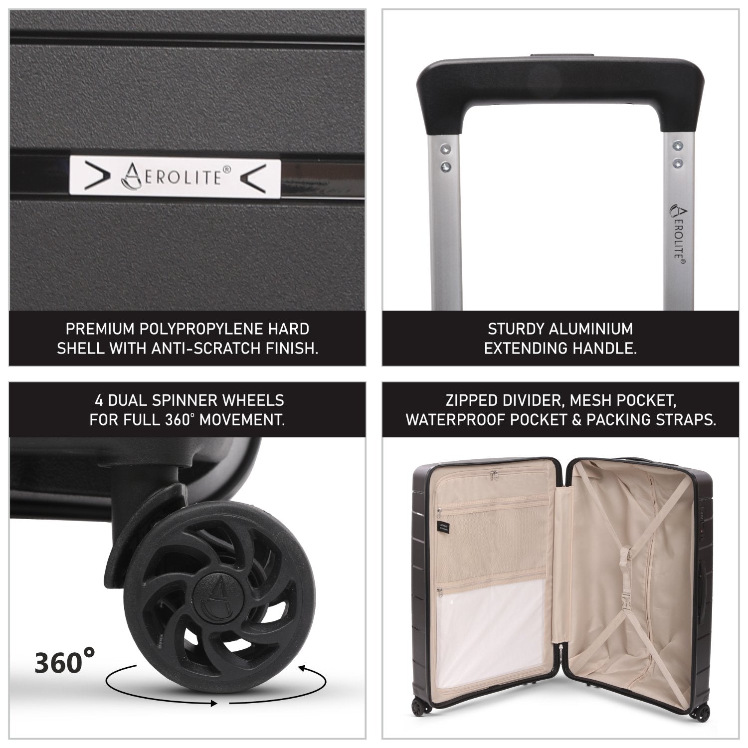 Aerolite Premium PP 3-Piece Luggage Set, Lightweight Polypropylene Hard Shell Suitcases with 4 Dual Spinner Wheels & TSA Lock, Expandable Cabin (21”), Medium (24”), Large (28”), Expandable Carry-On Case Included – Black