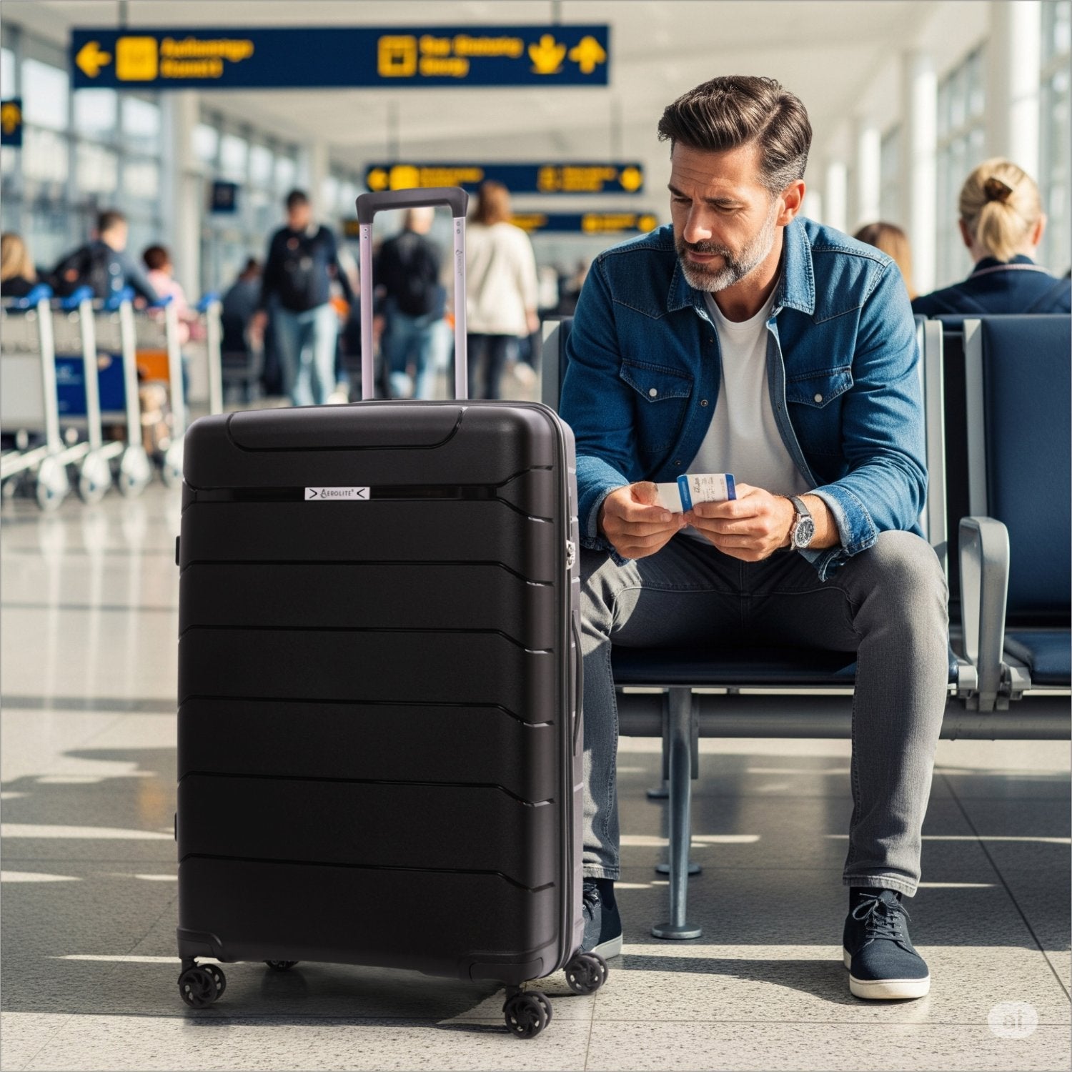 Aerolite Large 28" (100L) Lightweight Polypropylene Hard Shell Check-In Suitcase, 4 Dual Spinner Wheels, TSA Lock, Waterproof Pocket, 5 Years Warranty - Black