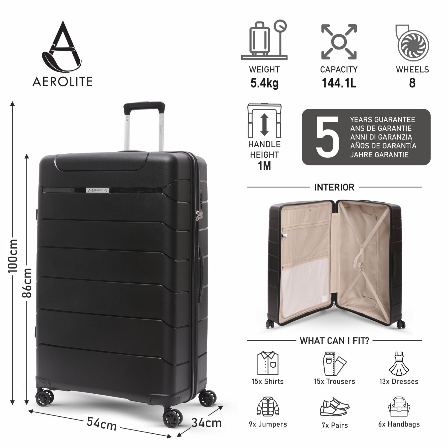 Aerolite Premium PP 4 Piece Hard Shell 4 Dual Wheel Spinner Travel Luggage Suitcase Set , Expandable Cabin + Medium + Large + Extra Large - Black