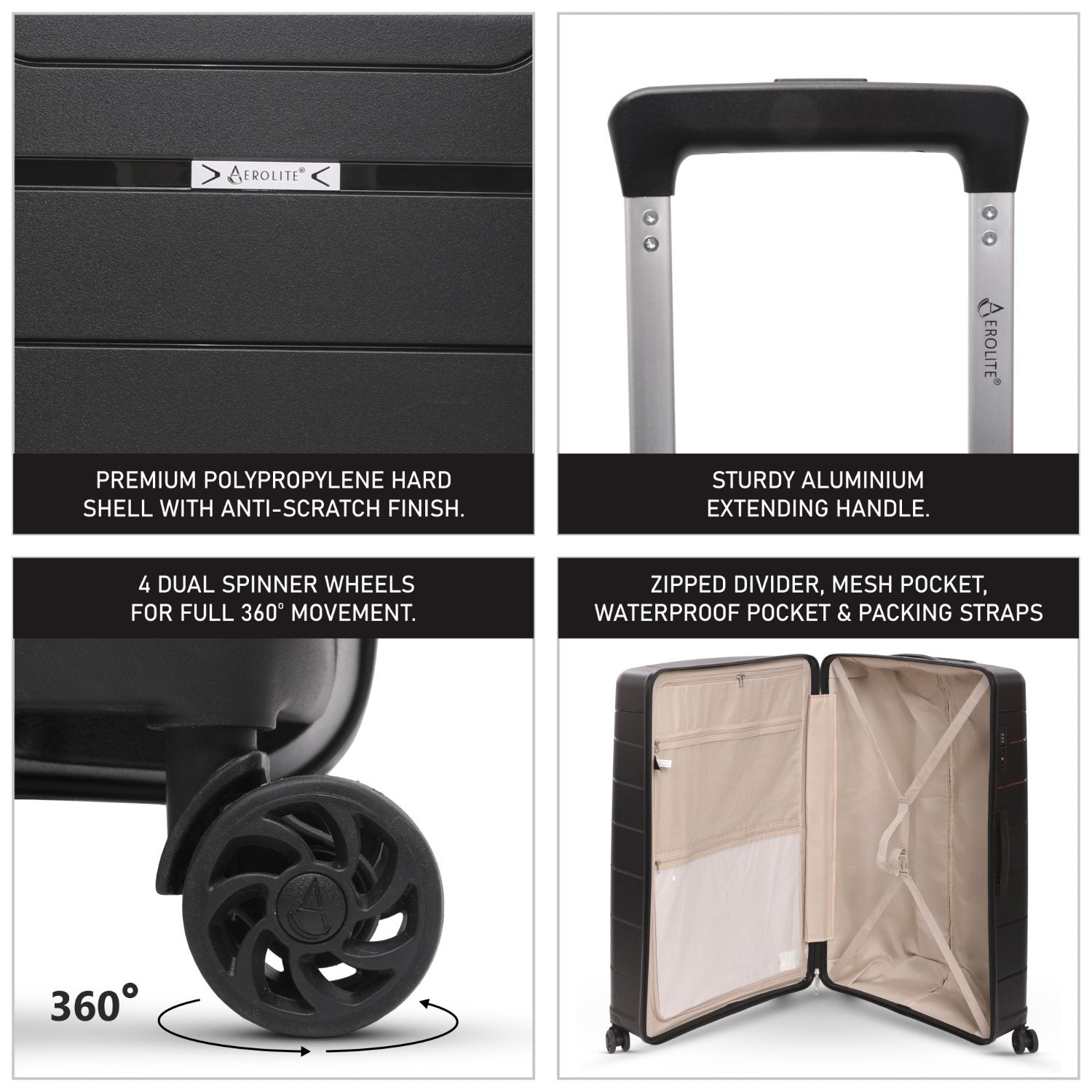 Aerolite Premium PP 4 Piece Hard Shell 4 Dual Wheel Spinner Travel Luggage Suitcase Set , Expandable Cabin + Medium + Large + Extra Large - Black