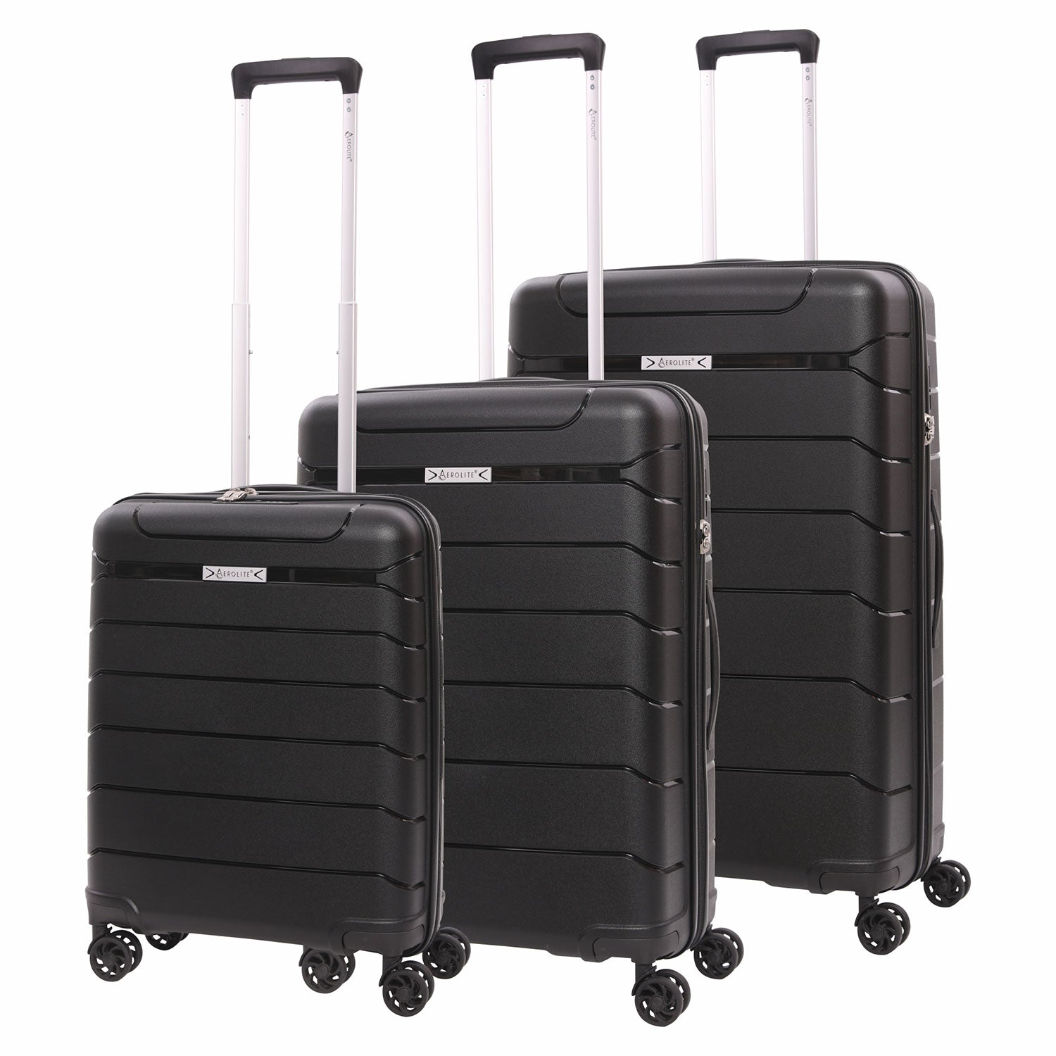 Aerolite Premium PP 3-Piece Luggage Set, Lightweight Polypropylene Hard Shell Suitcases with 4 Dual Spinner Wheels & TSA Lock, Expandable Cabin (21”), Medium (24”), Large (28”), Expandable Carry-On Case Included – Black