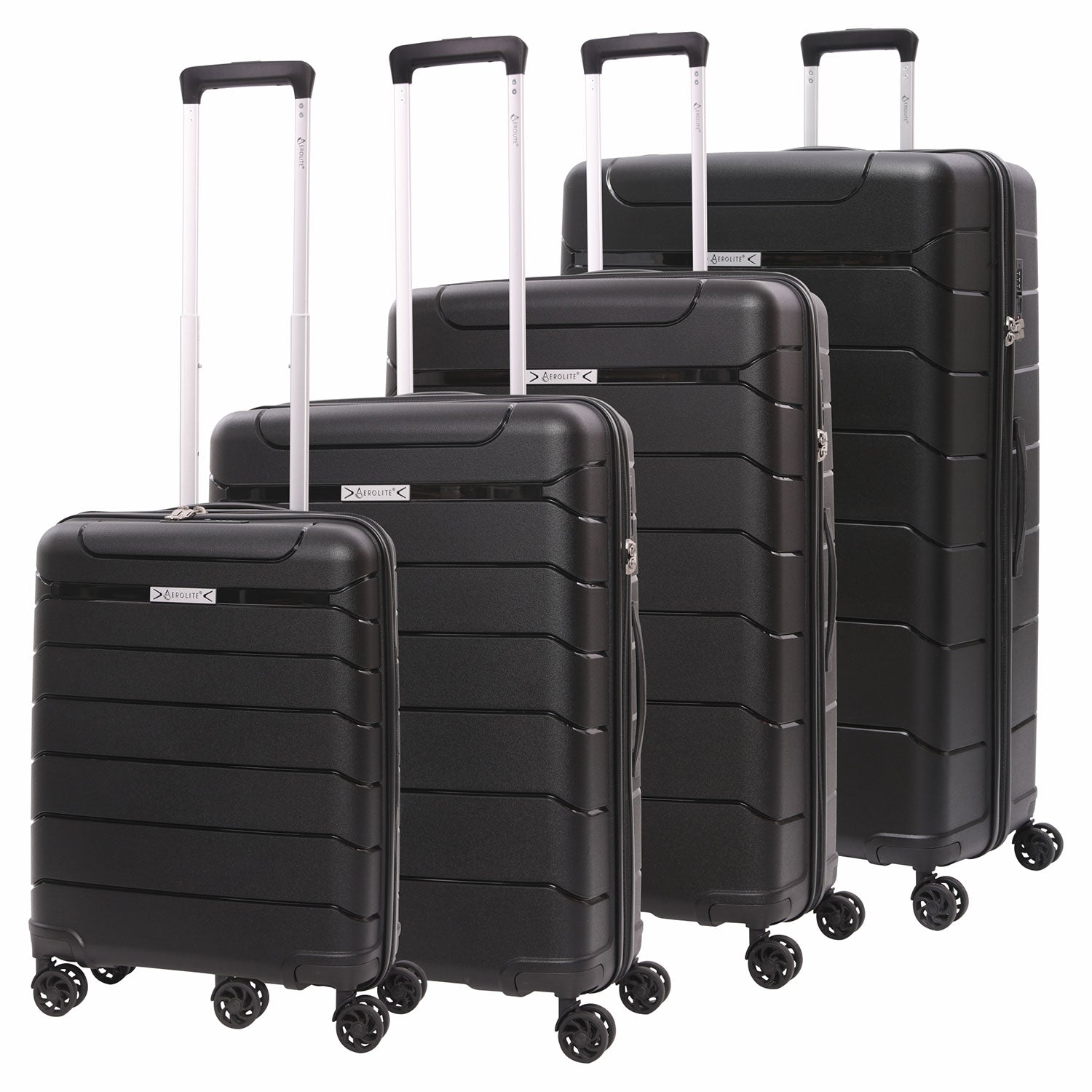 Aerolite Premium PP 4 Piece Hard Shell 4 Dual Wheel Spinner Travel Luggage Suitcase Set , Expandable Cabin + Medium + Large + Extra Large - Black