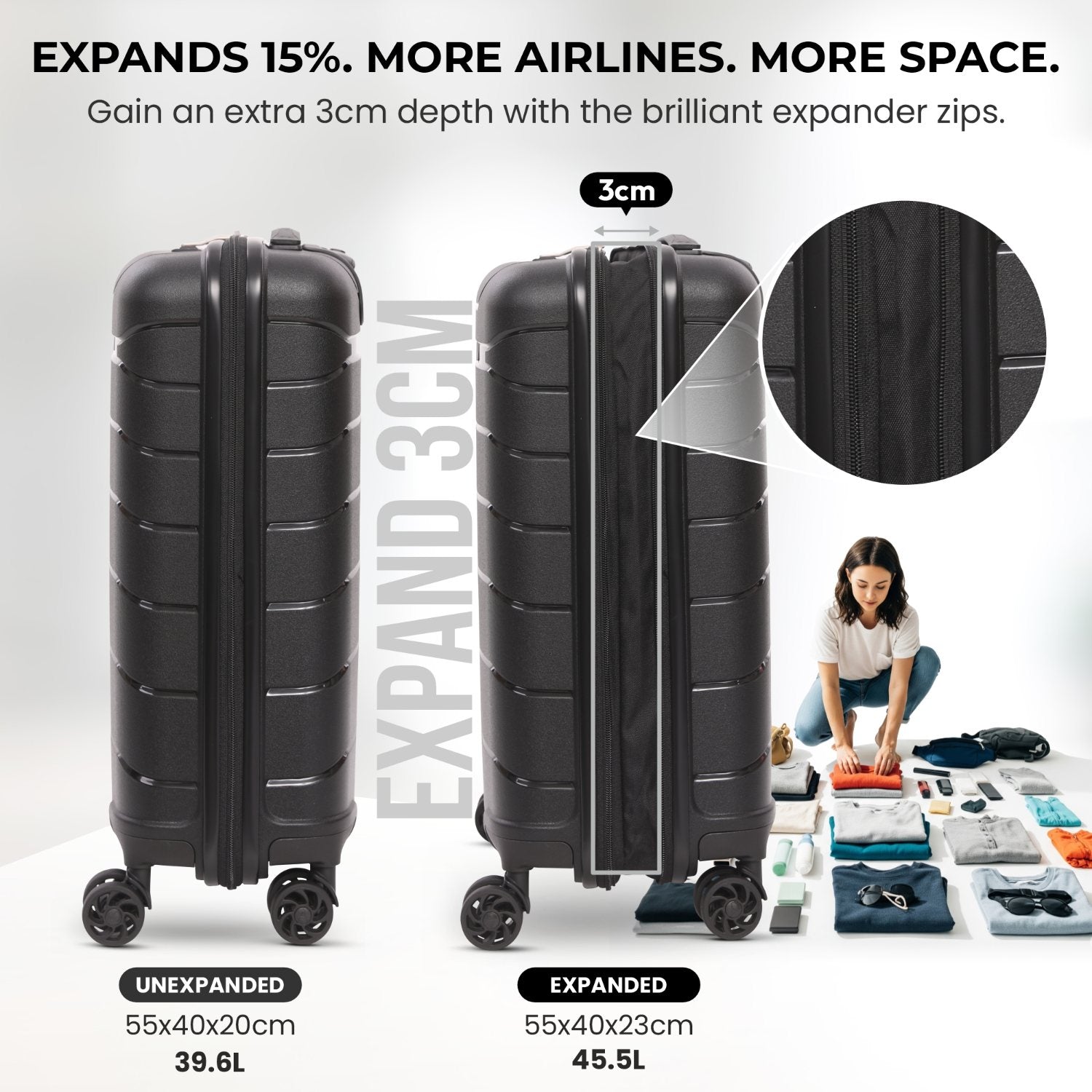 Aerolite Premium PP Expandable Cabin Suitcase 55x40x20cm to 55x40x23cm, Ryanair & Wizz Air Priority Max Size, Lightweight Polypropylene Hard Shell Carry-On with 4 Wheels & TSA Lock - Black