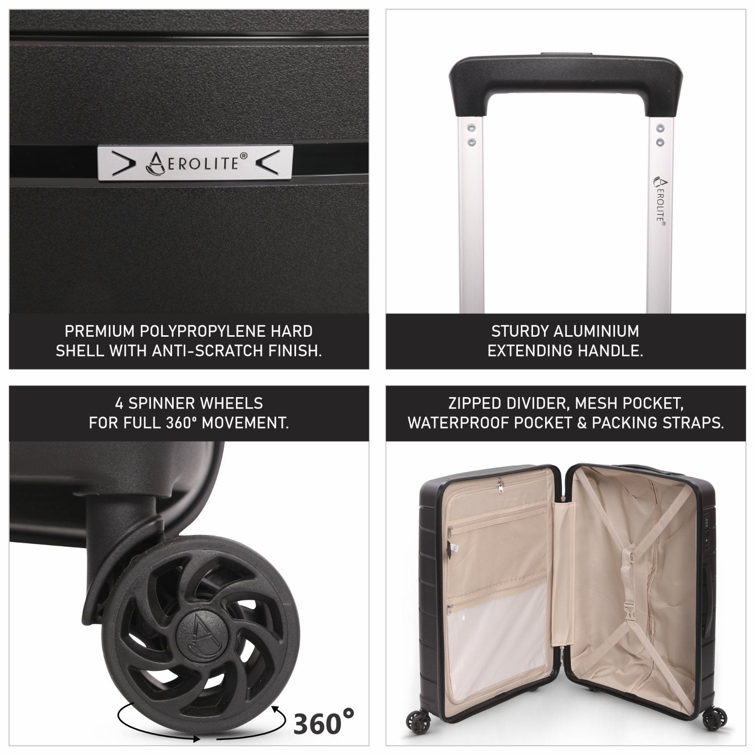 Aerolite Premium PP 3-Piece Luggage Set, Lightweight Polypropylene Hard Shell Suitcases with 4 Dual Spinner Wheels & TSA Lock, Expandable Cabin (21”), Medium (24”), Large (28”), Expandable Carry-On Case Included – Black