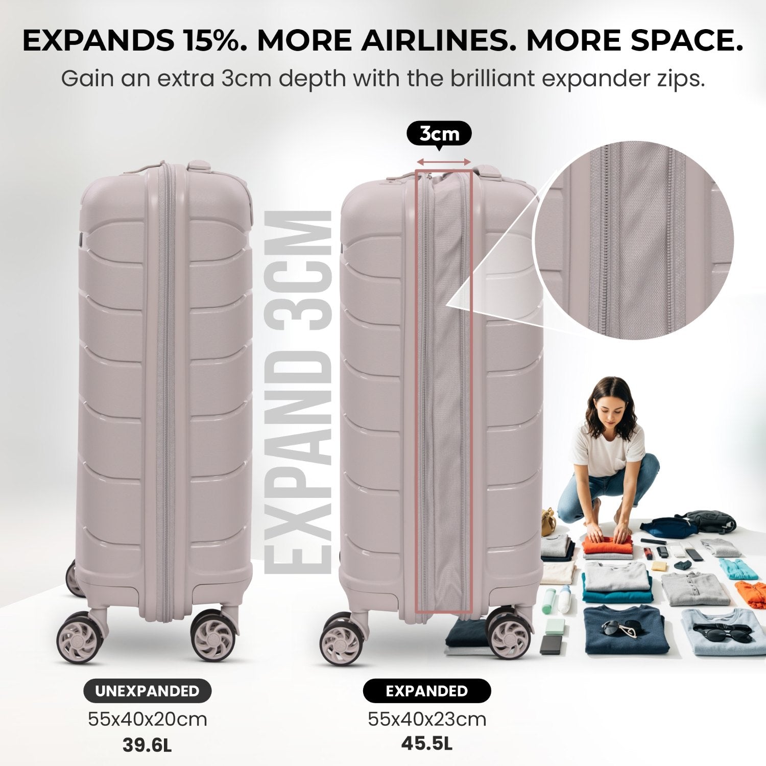 Aerolite Premium PP Expandable Cabin Suitcase 55x40x20cm to 55x40x23cm, Ryanair & Wizz Air Priority Max Size, Lightweight Polypropylene Hard Shell Carry-On with 4 Wheels & TSA Lock - Cream