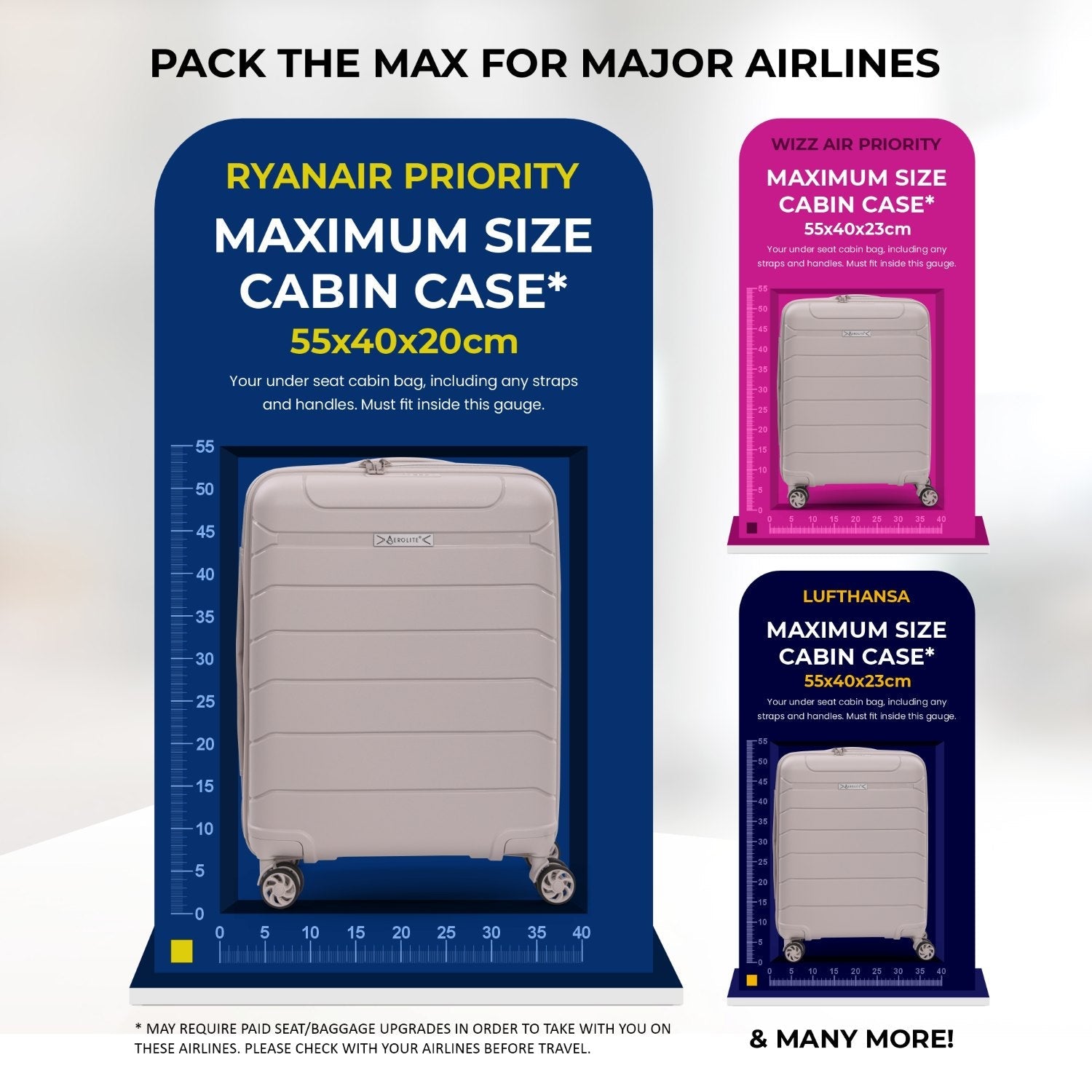 Aerolite Premium PP Expandable Cabin Suitcase 55x40x20cm to 55x40x23cm, Ryanair & Wizz Air Priority Max Size, Lightweight Polypropylene Hard Shell Carry-On with 4 Wheels & TSA Lock - Cream