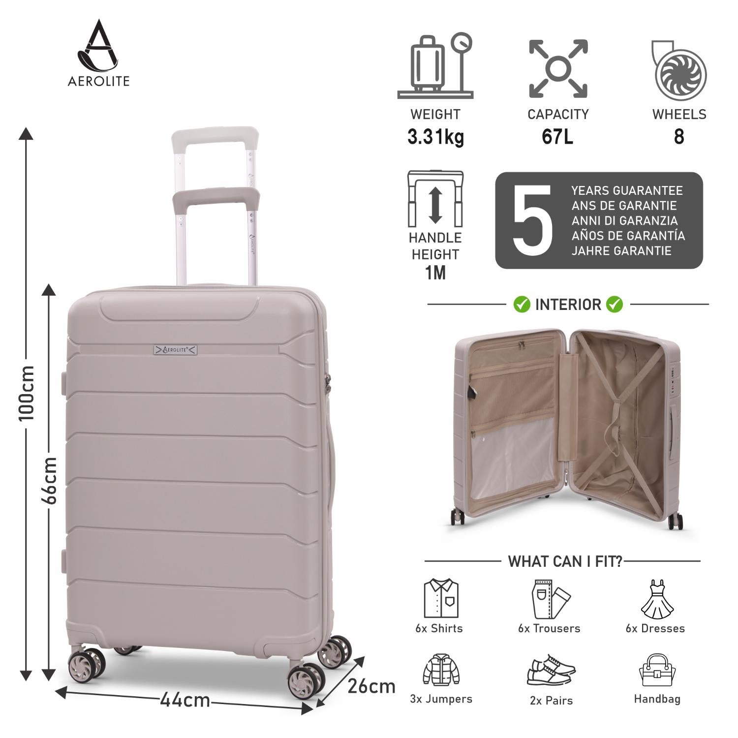 Aerolite Medium 24" 67L  Lightweight Polypropylene Hard Shell Check-In Suitcase, Dual 4-Spinner Wheels, TSA Lock, Organised Interior, 5 Years Warranty – Cream