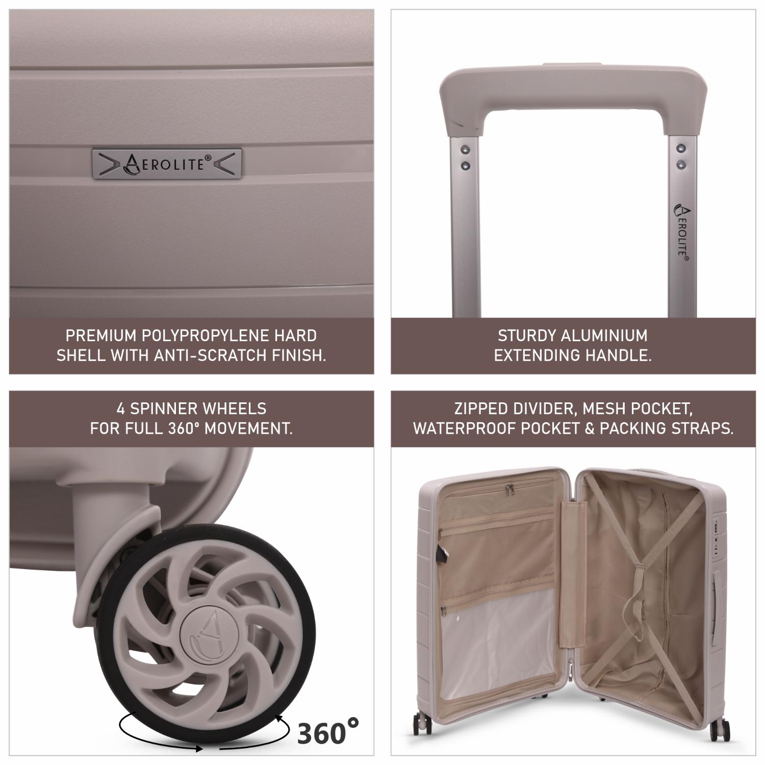 Aerolite Premium PP 4 Piece Hard Shell 4 Dual Wheel Spinner Travel Luggage Suitcase Set , Expandable Cabin + Medium + Large + Extra Large - Cream