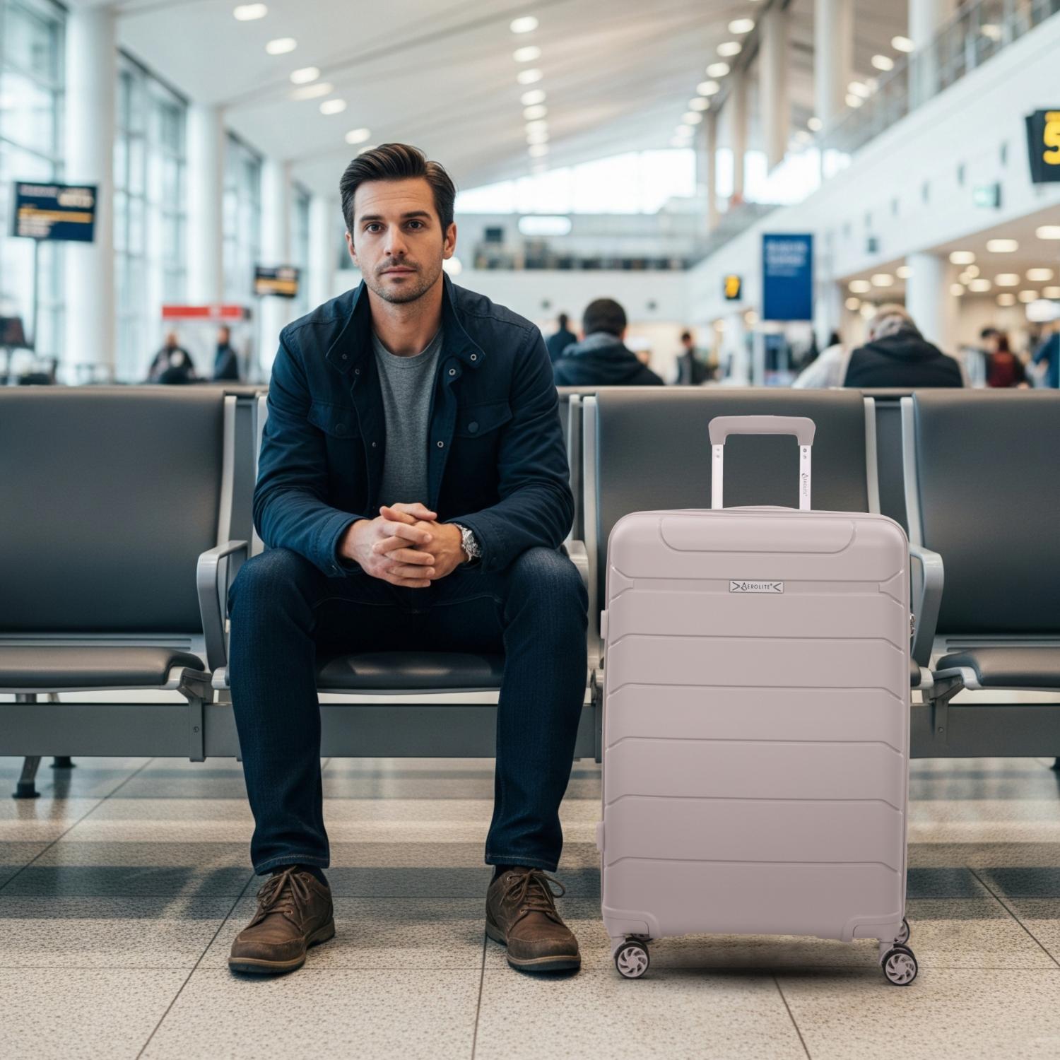 Aerolite Premium PP 4 Piece Hard Shell 4 Dual Wheel Spinner Travel Luggage Suitcase Set , Expandable Cabin + Medium + Large + Extra Large - Cream