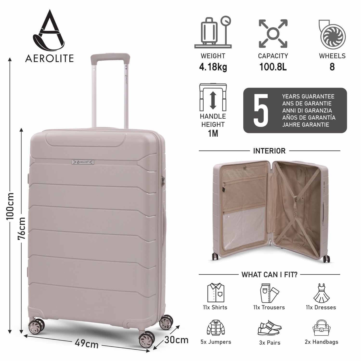 Aerolite Premium PP 4 Piece Hard Shell 4 Dual Wheel Spinner Travel Luggage Suitcase Set , Expandable Cabin + Medium + Large + Extra Large - Cream