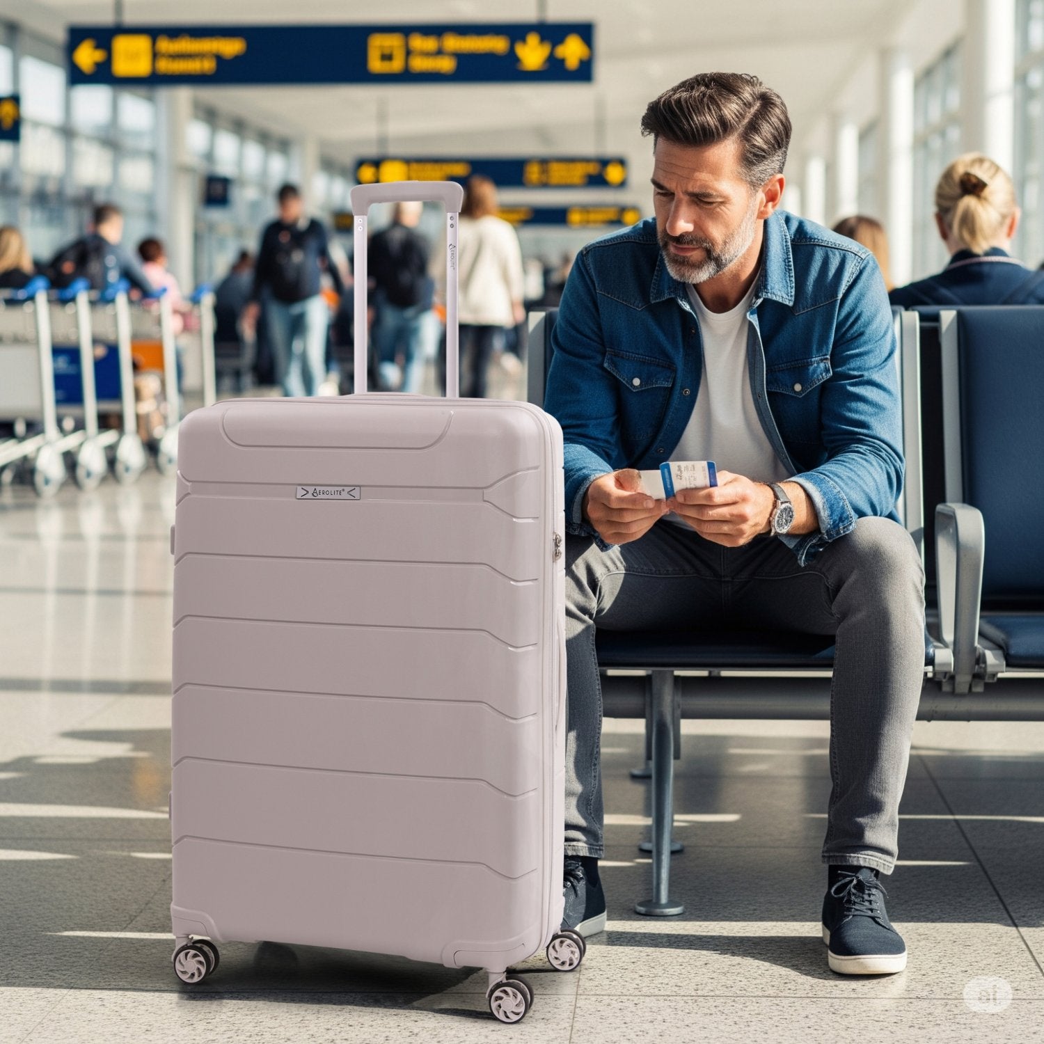 Aerolite Premium PP 4 Piece Hard Shell 4 Dual Wheel Spinner Travel Luggage Suitcase Set , Expandable Cabin + Medium + Large + Extra Large - Cream