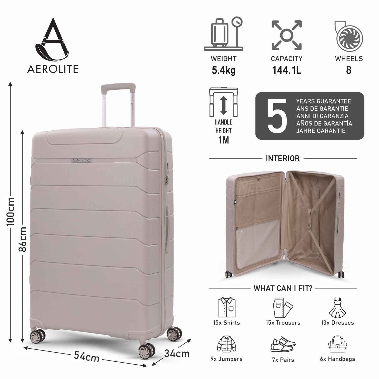 Aerolite Premium PP 4 Piece Hard Shell 4 Dual Wheel Spinner Travel Luggage Suitcase Set , Expandable Cabin + Medium + Large + Extra Large - Cream
