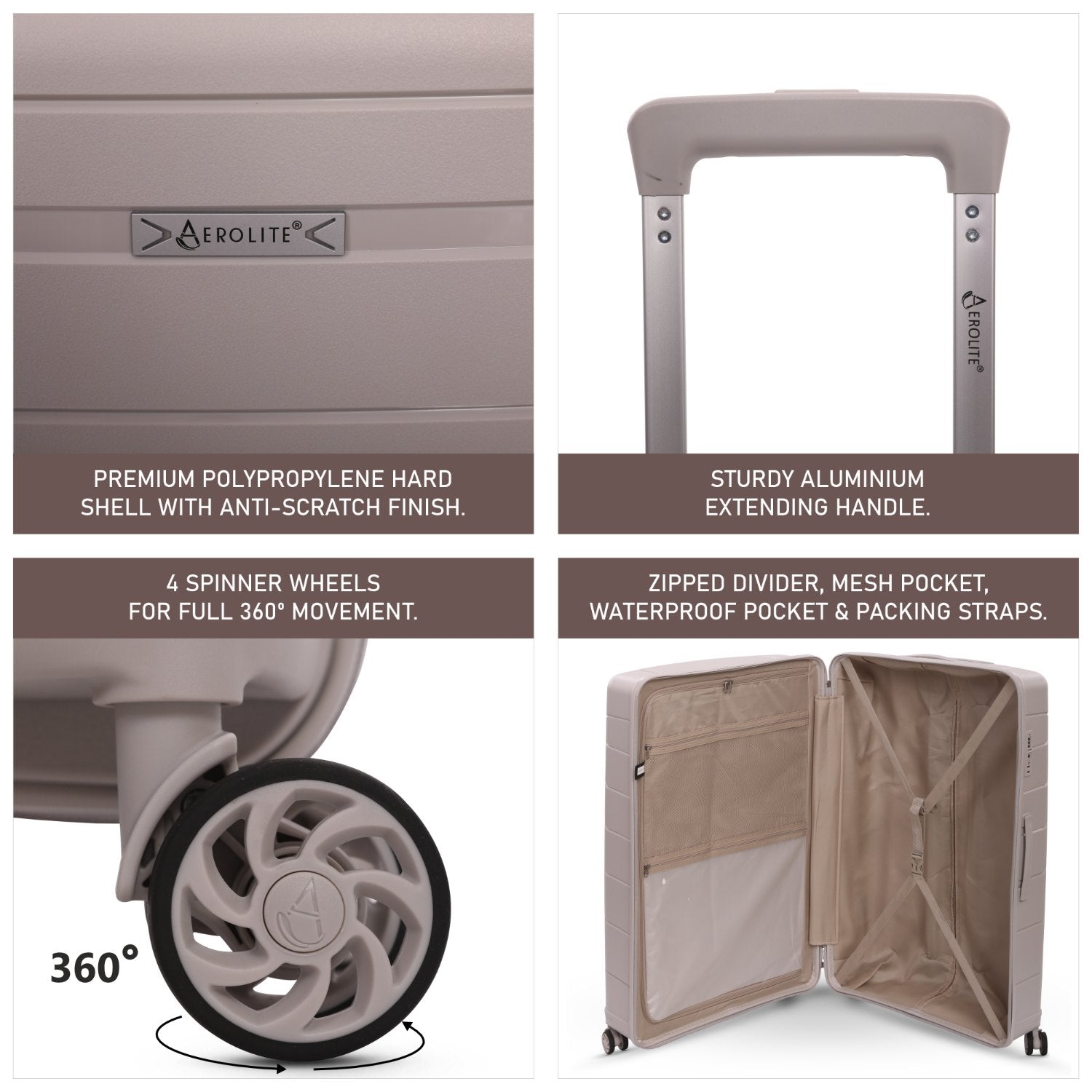 Aerolite Premium PP 4 Piece Hard Shell 4 Dual Wheel Spinner Travel Luggage Suitcase Set , Expandable Cabin + Medium + Large + Extra Large - Cream