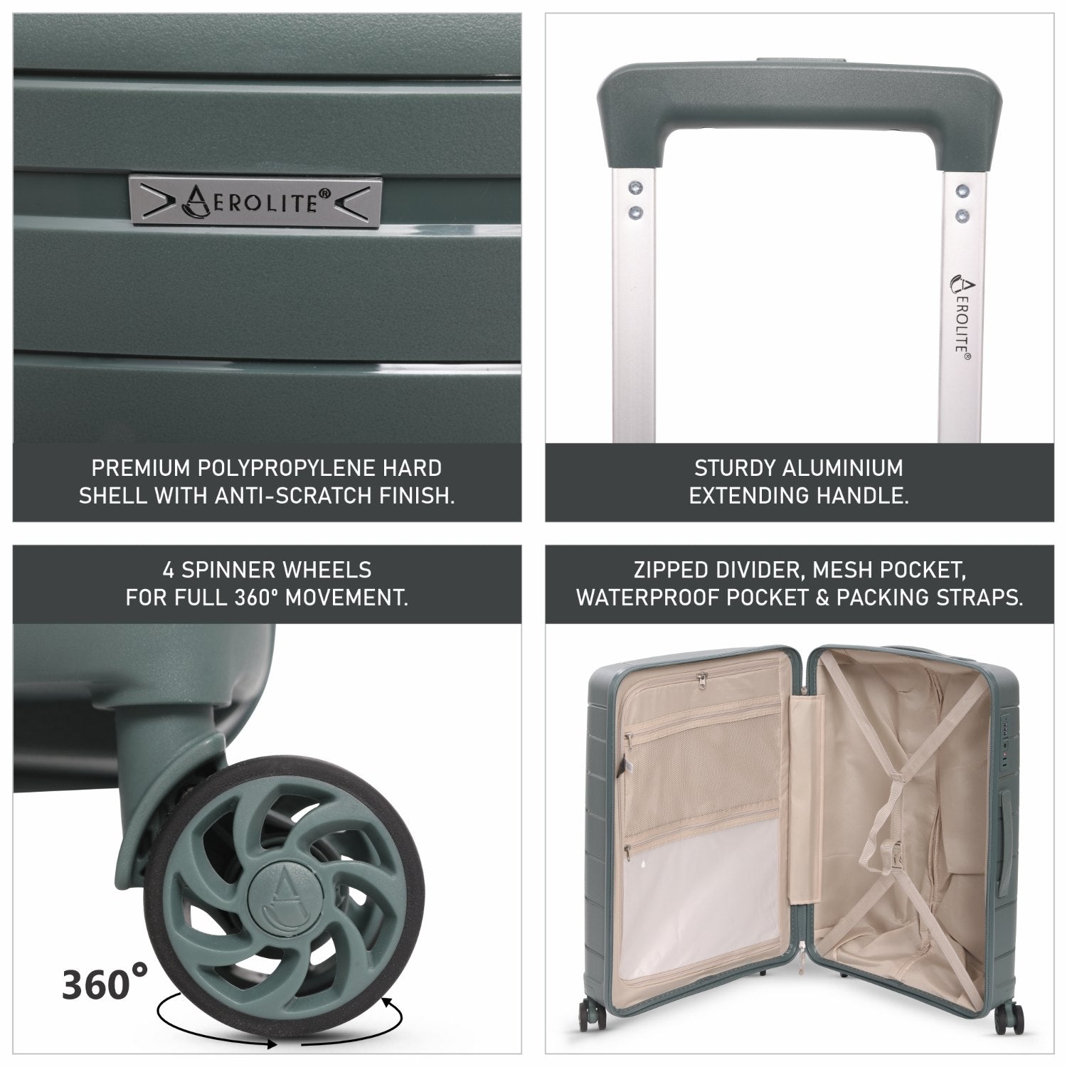 Aerolite Premium PP 4 Piece Hard Shell 4 Dual Wheel Spinner Travel Luggage Suitcase Set , Expandable Cabin + Medium + Large + Extra Large - Dark Green