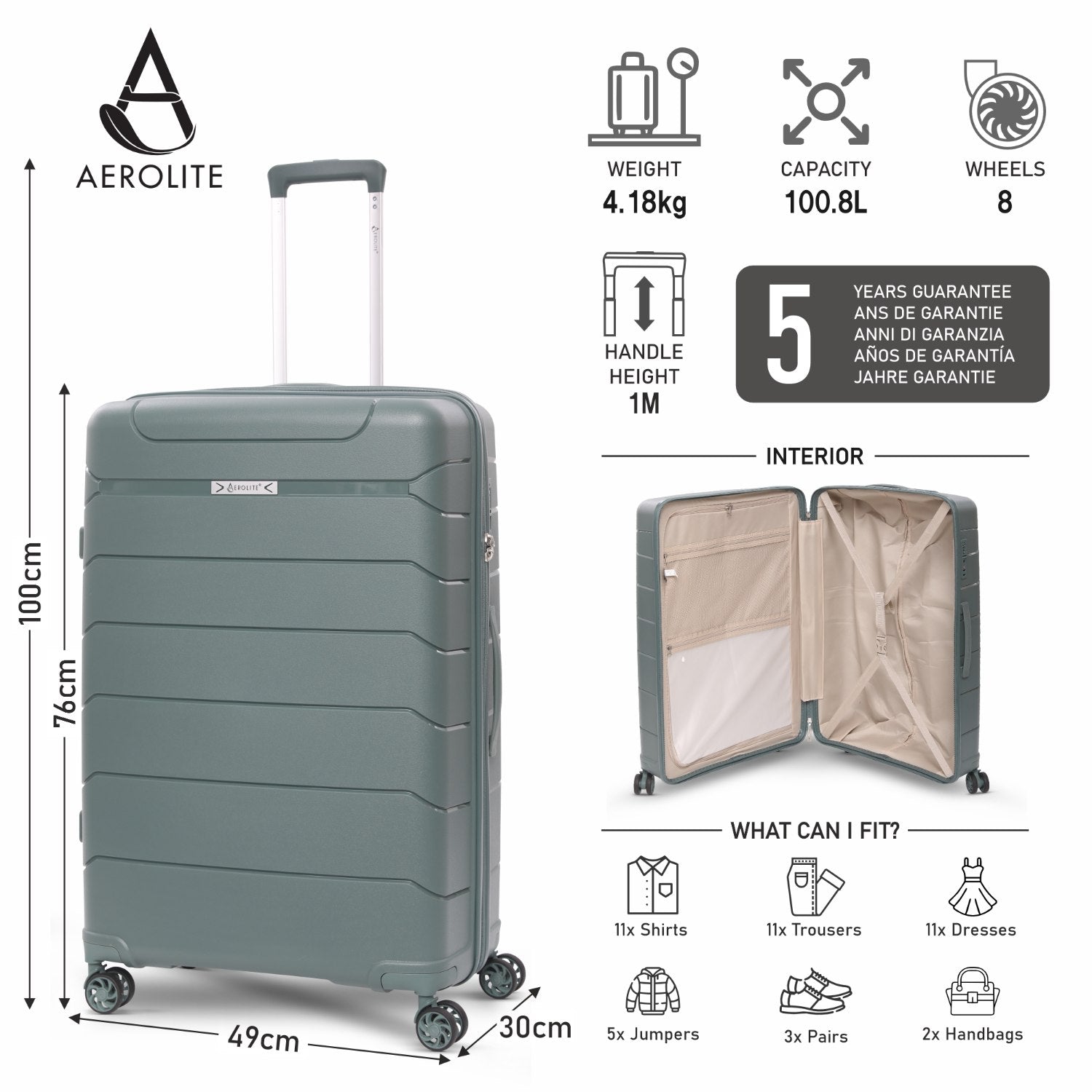 Aerolite Premium PP 4 Piece Hard Shell 4 Dual Wheel Spinner Travel Luggage Suitcase Set , Expandable Cabin + Medium + Large + Extra Large - Dark Green