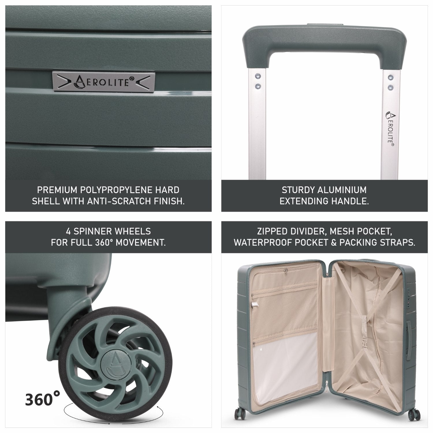 Aerolite Premium PP 4 Piece Hard Shell 4 Dual Wheel Spinner Travel Luggage Suitcase Set , Expandable Cabin + Medium + Large + Extra Large - Dark Green