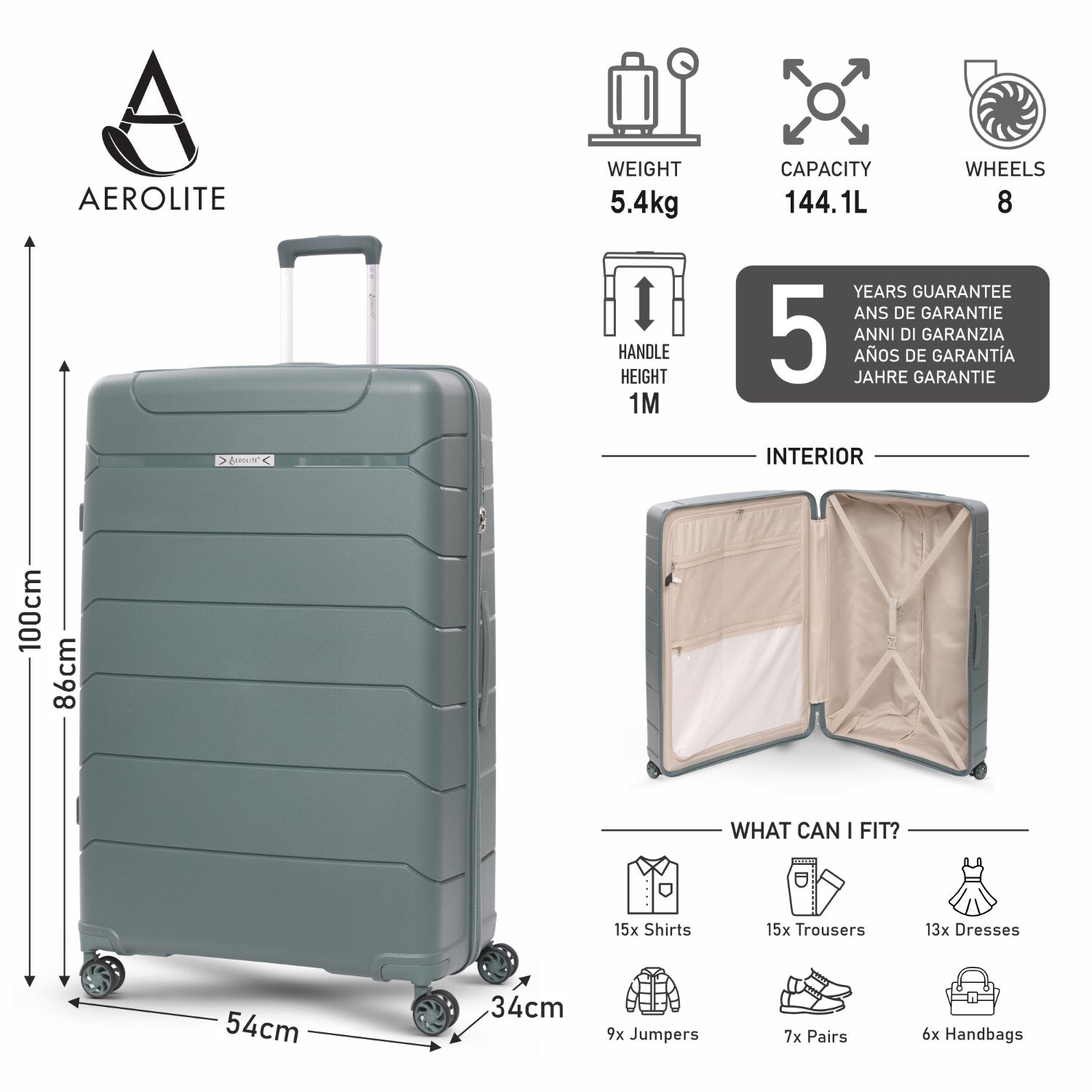 Aerolite XL 32in (144L) Lightweight Polypropylene Hard Shell Suitcase, Extra Large Check-In Luggage with 4 Spinner Wheels, TSA Lock, Waterproof Pocket - Green