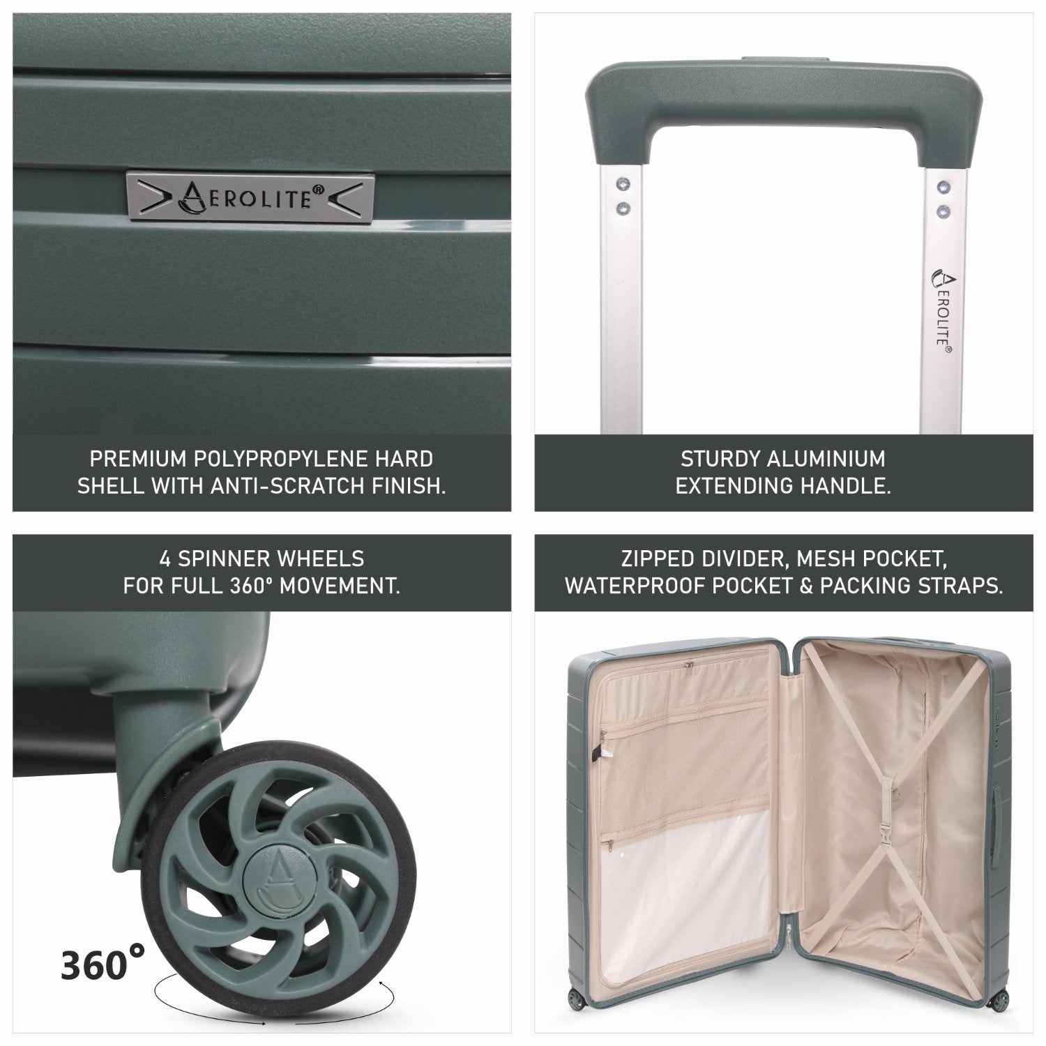 Aerolite Premium PP 4 Piece Hard Shell 4 Dual Wheel Spinner Travel Luggage Suitcase Set , Expandable Cabin + Medium + Large + Extra Large - Dark Green
