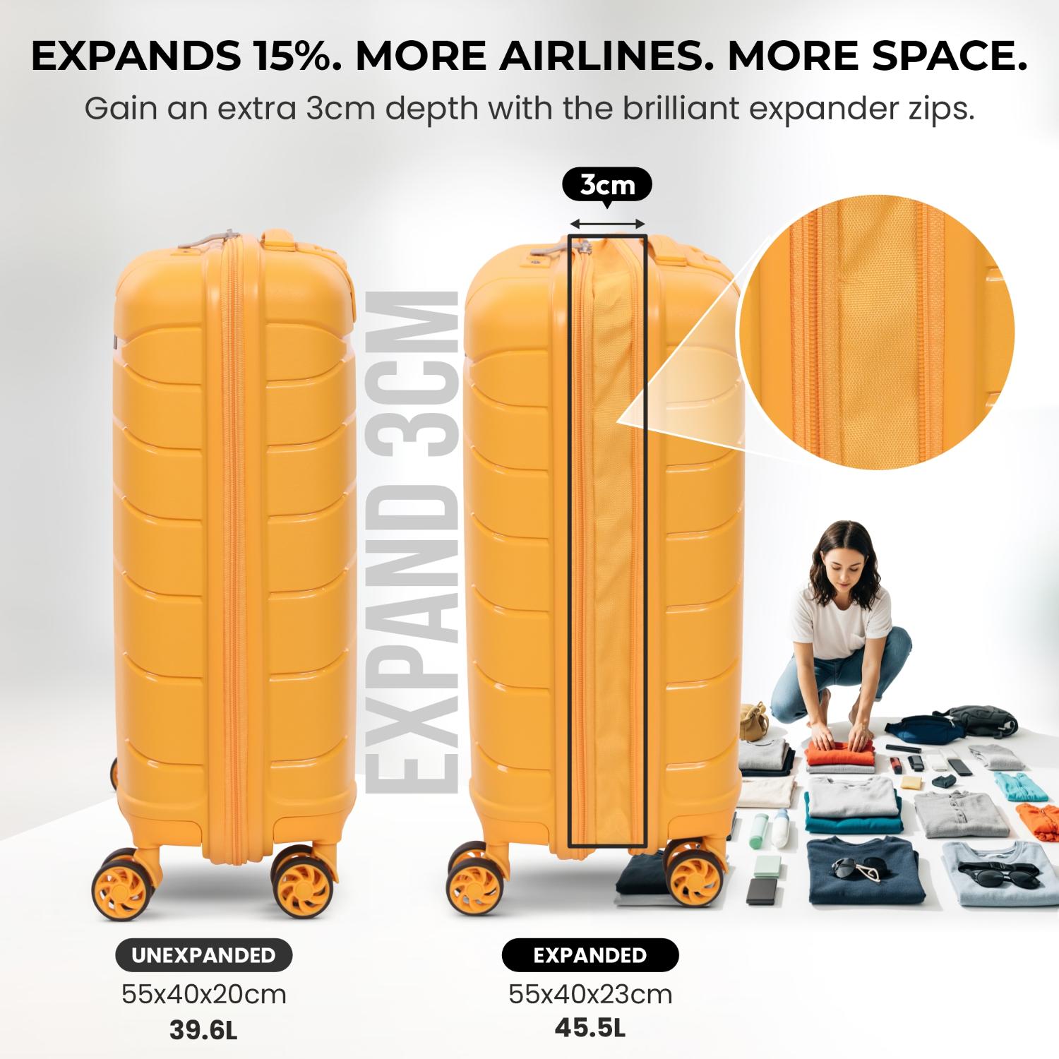 Aerolite Premium PP Expandable Cabin Suitcase 55x40x20cm to 55x40x23cm, Ryanair & Wizz Air Priority Max Size, Lightweight Polypropylene Hard Shell Carry-On with 4 Wheels & TSA Lock - Mango