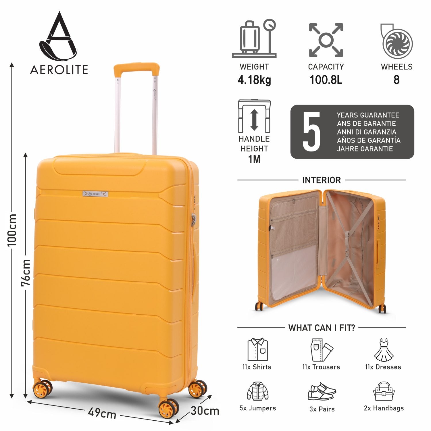 Aerolite Premium PP 2-Piece Luggage Set, Lightweight Polypropylene Hard Shell Suitcases with 4 Dual Spinner Wheels & TSA Lock, Expandable Cabin (21”), Large (28”), Mango