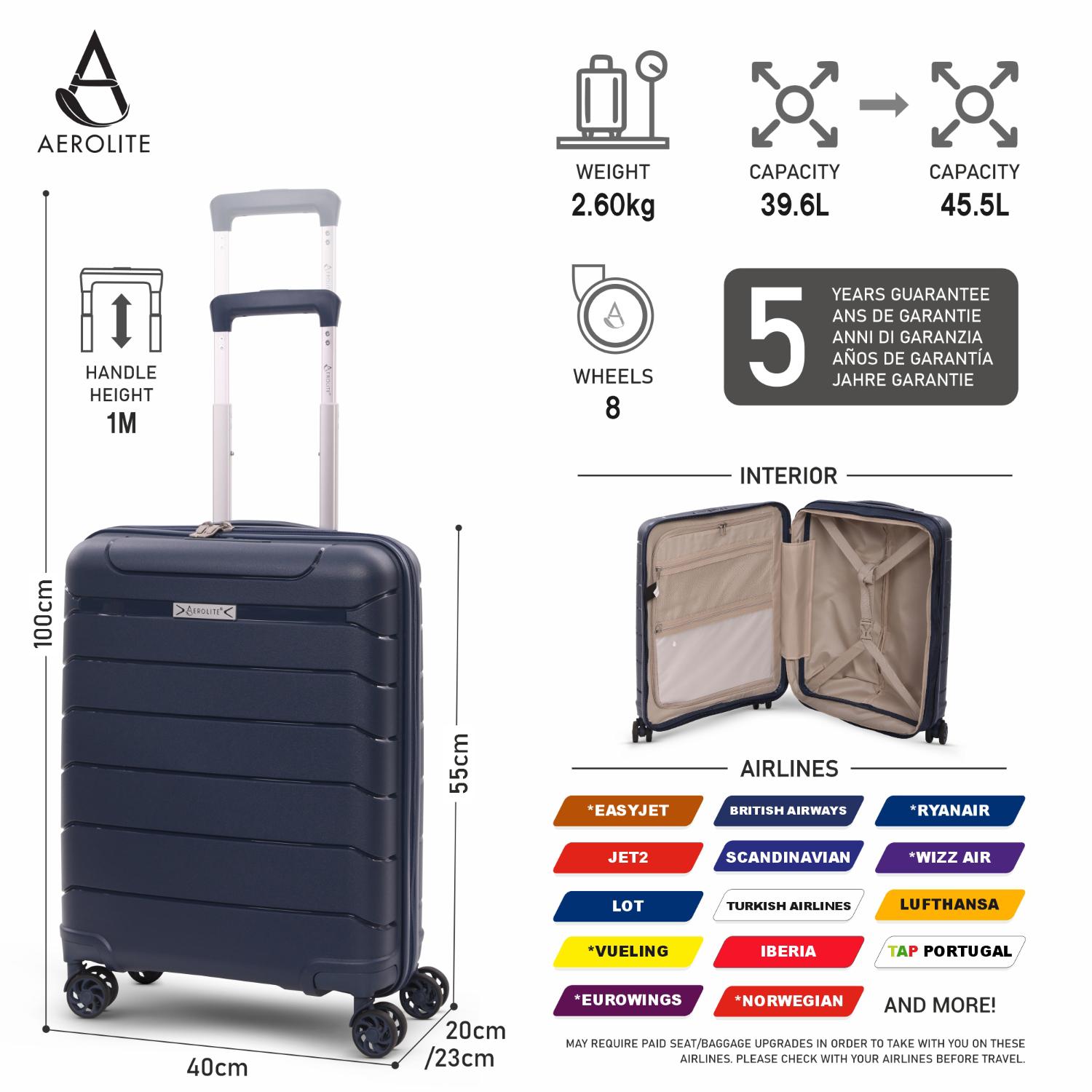 Aerolite Premium PP 2-Piece Luggage Set, Lightweight Polypropylene Hard Shell Suitcases with 4 Dual Spinner Wheels & TSA Lock, Expandable Cabin (21”), Large (28”), Navy
