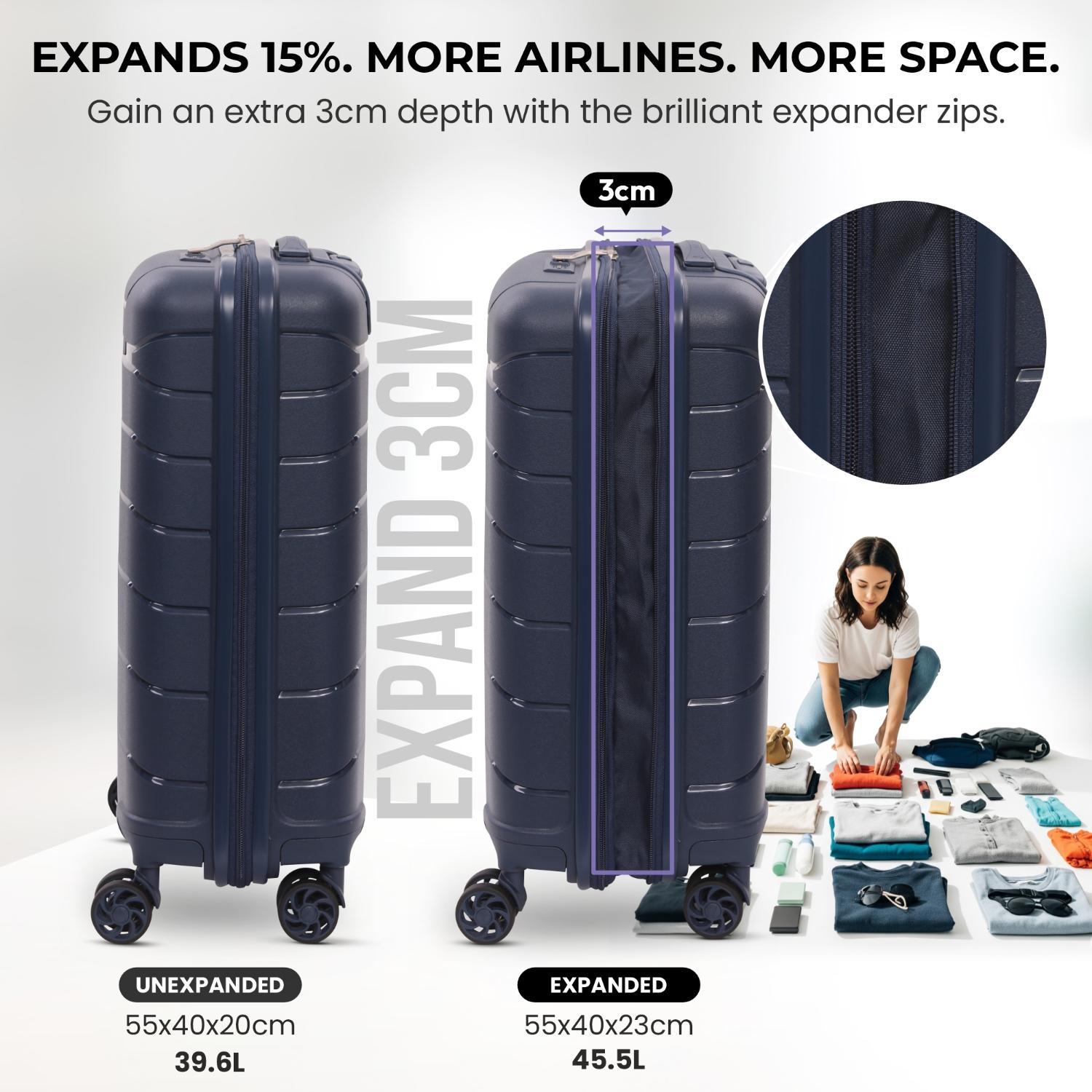 Aerolite Premium PP Expandable Cabin Suitcase 55x40x20cm to 55x40x23cm, Ryanair & Wizz Air Priority Max Size, Lightweight Polypropylene Hard Shell Carry-On with 4 Wheels & TSA Lock - Navy