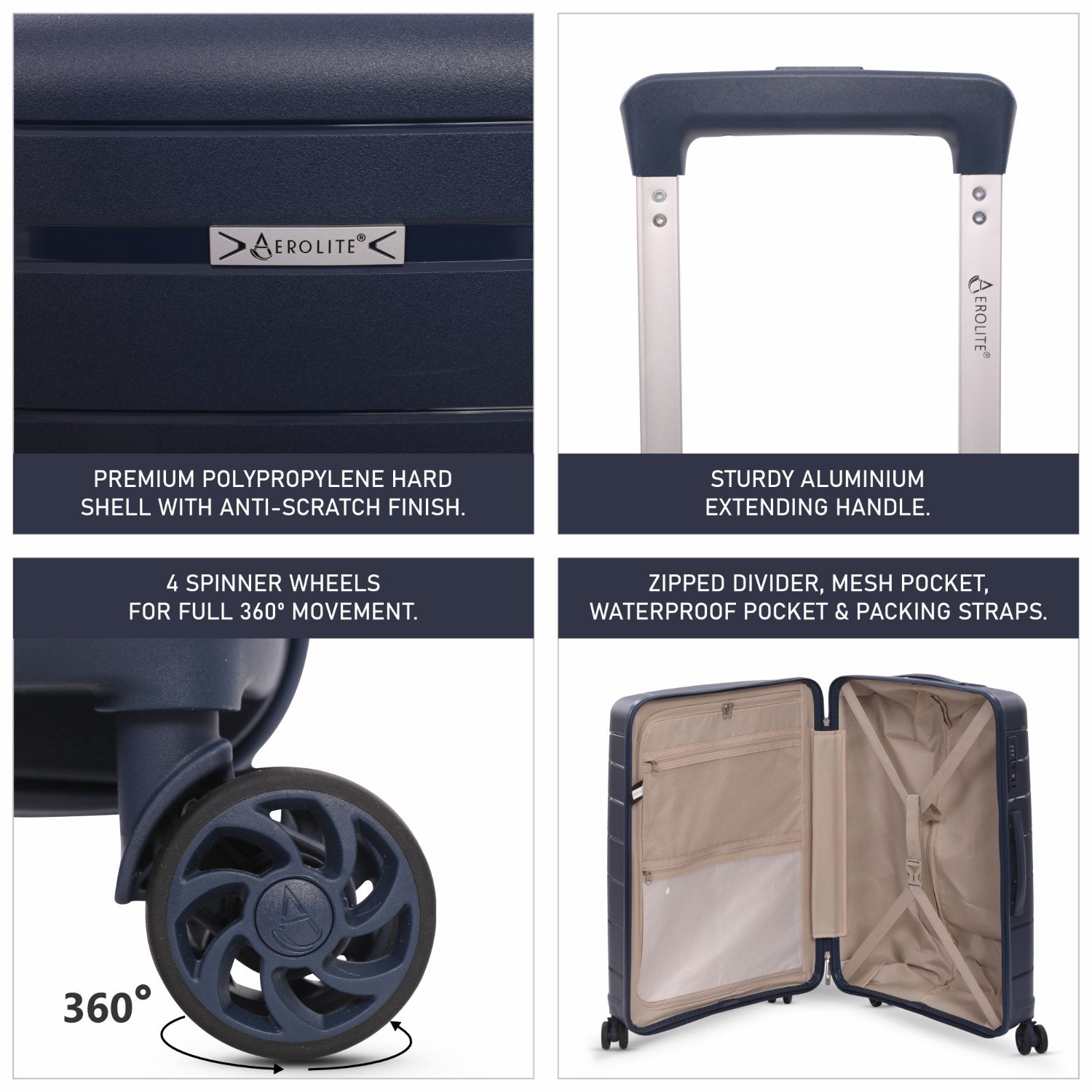 Aerolite Medium 24" 67L  Lightweight Polypropylene Hard Shell Check-In Suitcase, Dual 4-Spinner Wheels, TSA Lock, Organised Interior, 5 Years Warranty – Navy