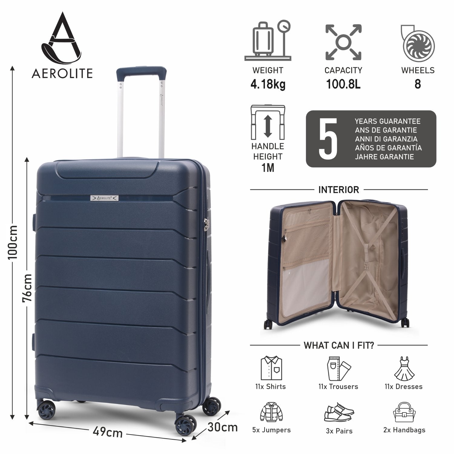 Aerolite Large 28" (100L) Lightweight Polypropylene Hard Shell Check-In Suitcase, 4 Dual Spinner Wheels, TSA Lock, Waterproof Pocket, 5 Years Warranty - Navy