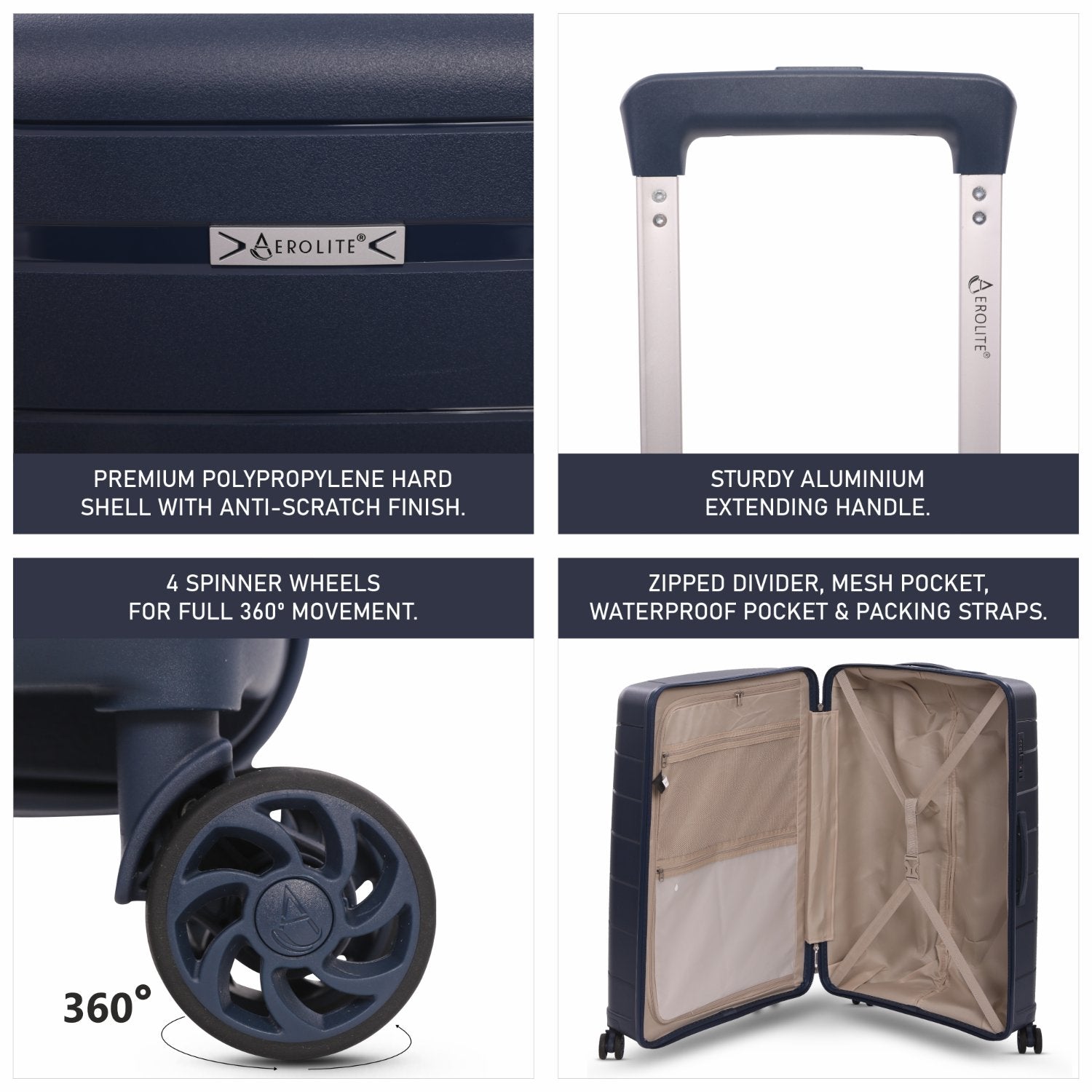 Aerolite Premium PP 2-Piece Luggage Set, Lightweight Polypropylene Hard Shell Suitcases with 4 Dual Spinner Wheels & TSA Lock, Expandable Cabin (21”), Large (28”), Navy