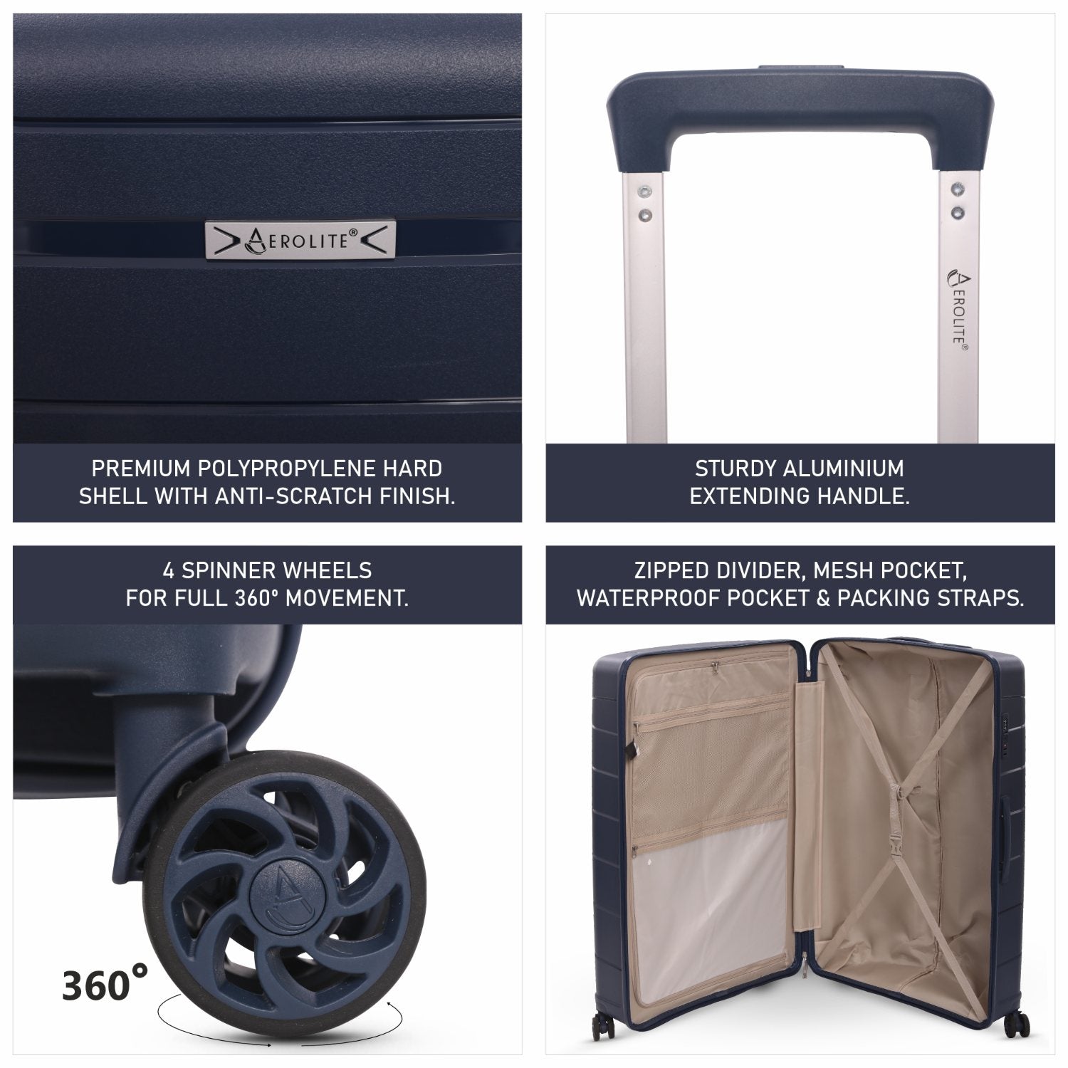 Aerolite XL 32in (144L) Lightweight Polypropylene Hard Shell Suitcase, Extra Large Check-In Luggage with 4 Spinner Wheels, TSA Lock, Waterproof Pocket - Navy