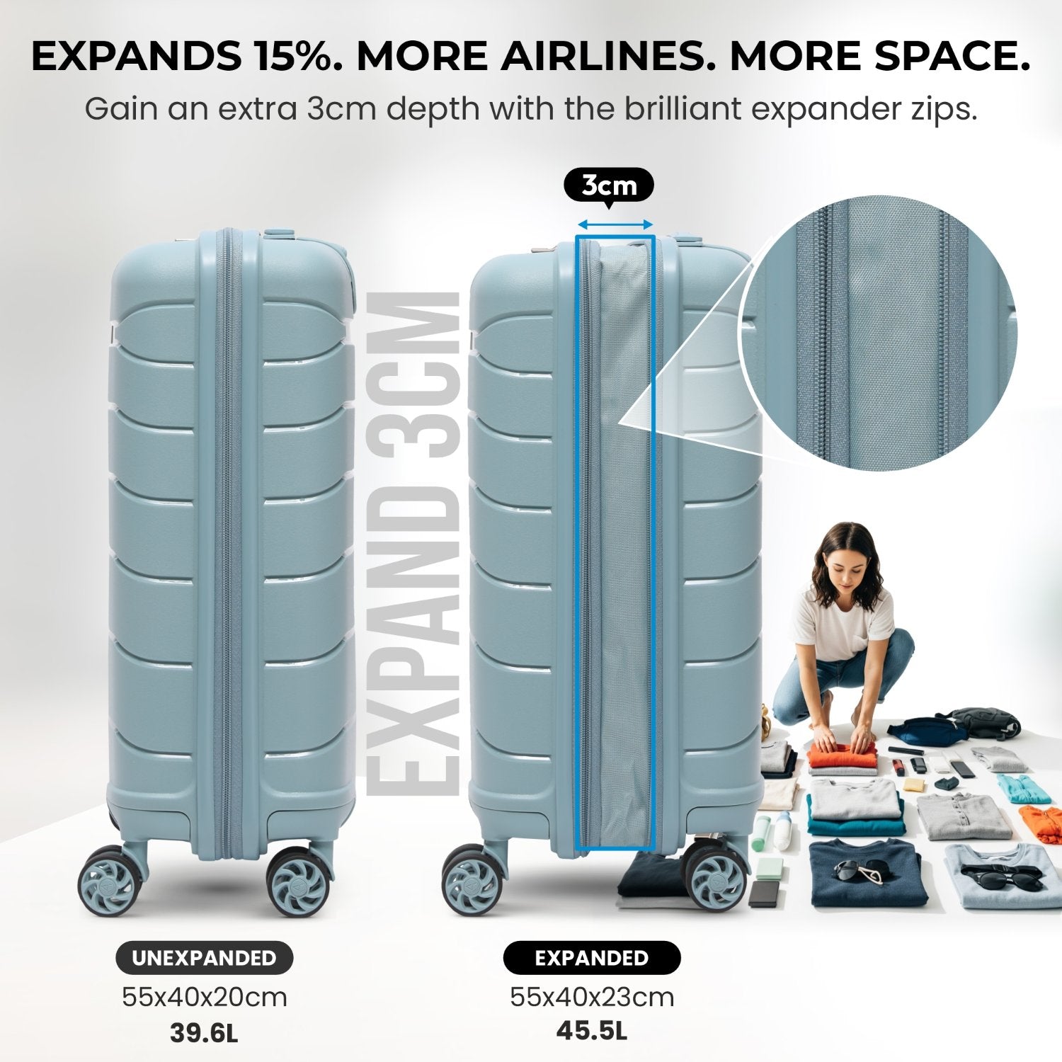 Aerolite Premium PP Expandable Cabin Suitcase 55x40x20cm to 55x40x23cm, Ryanair & Wizz Air Priority Max Size, Lightweight Polypropylene Hard Shell Carry-On with 4 Wheels & TSA Lock - Sage