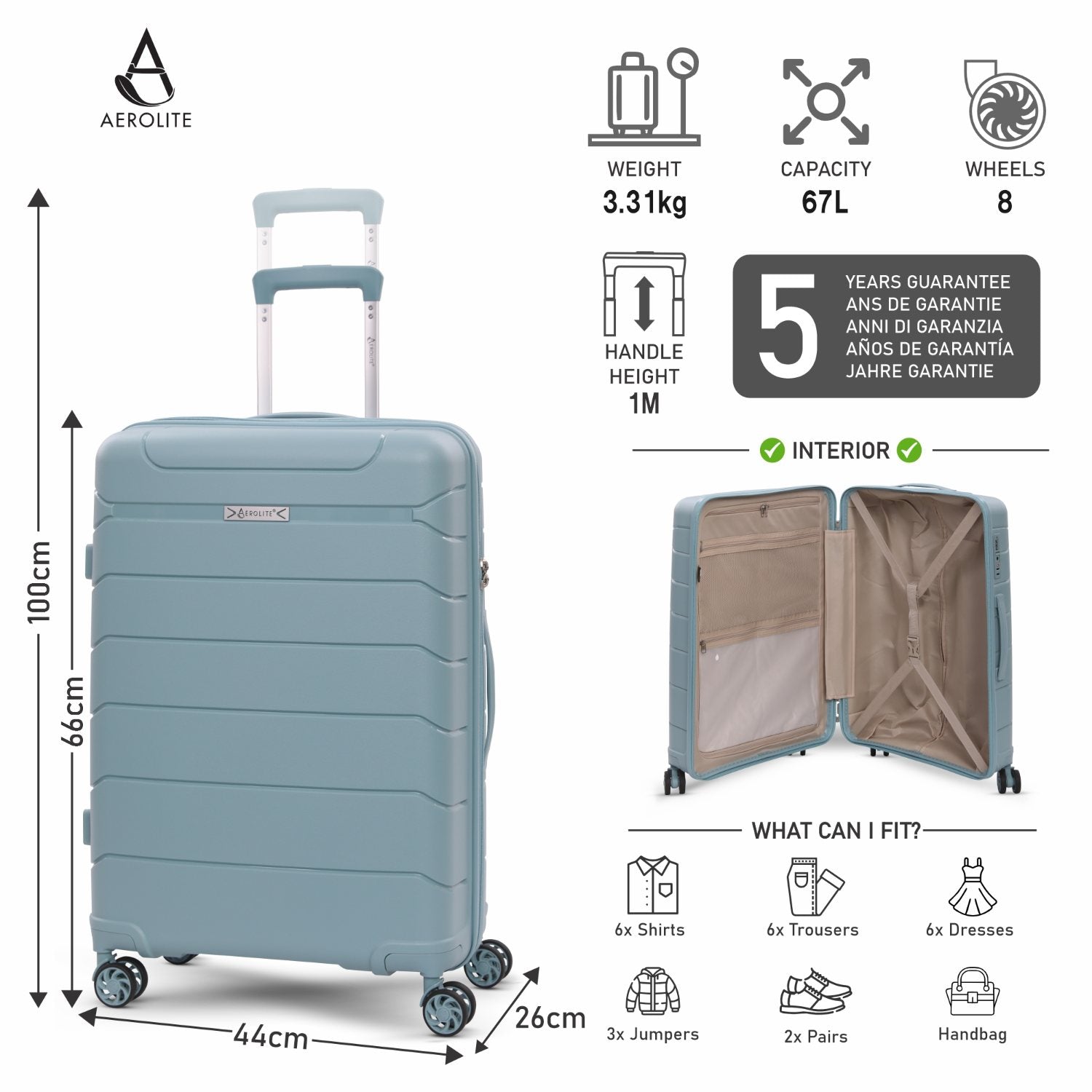 Aerolite Medium 24" 67L  Lightweight Polypropylene Hard Shell Check-In Suitcase, Dual 4-Spinner Wheels, TSA Lock, Organised Interior, 5 Years Warranty – Sage