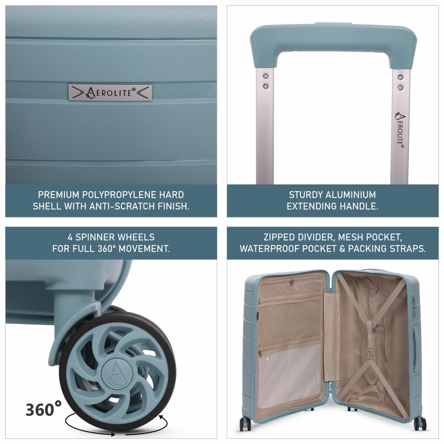 Aerolite Medium 24" 67L  Lightweight Polypropylene Hard Shell Check-In Suitcase, Dual 4-Spinner Wheels, TSA Lock, Organised Interior, 5 Years Warranty – Sage